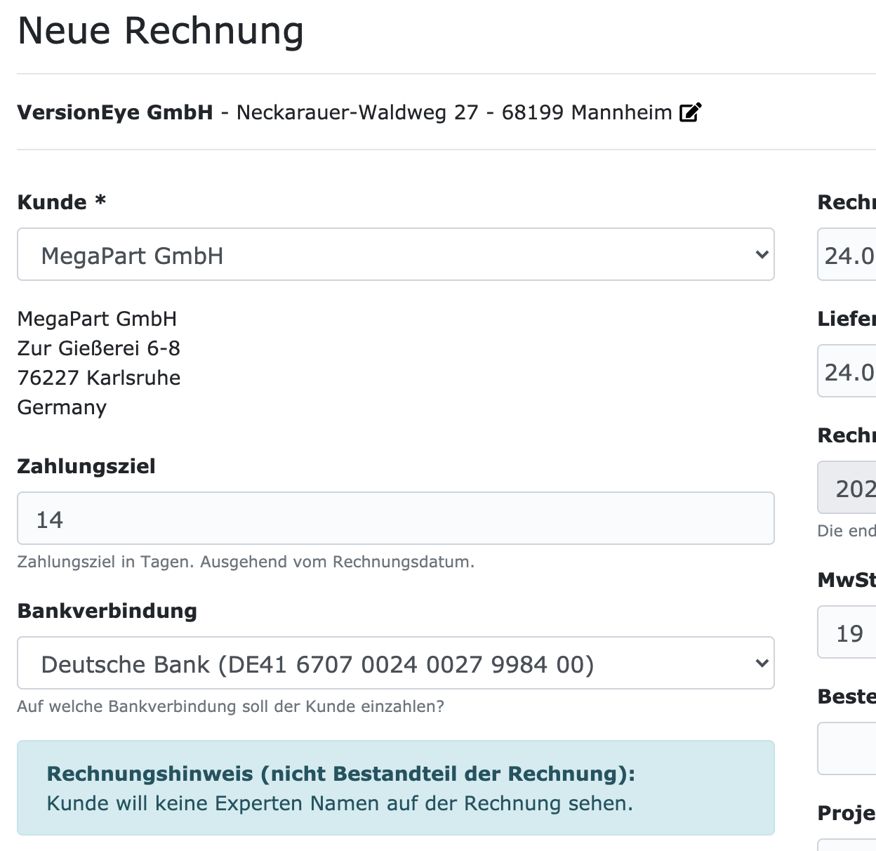Beispiel für eine Rechnung mit Rechnungshinweis
