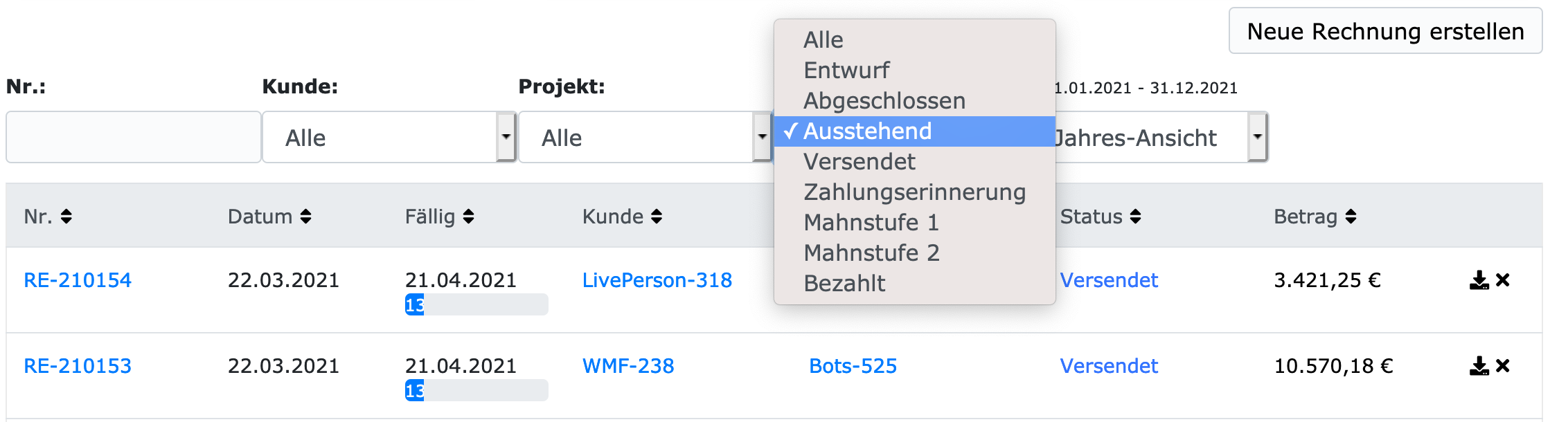 Beispiel Filter für "Ausstehend"
