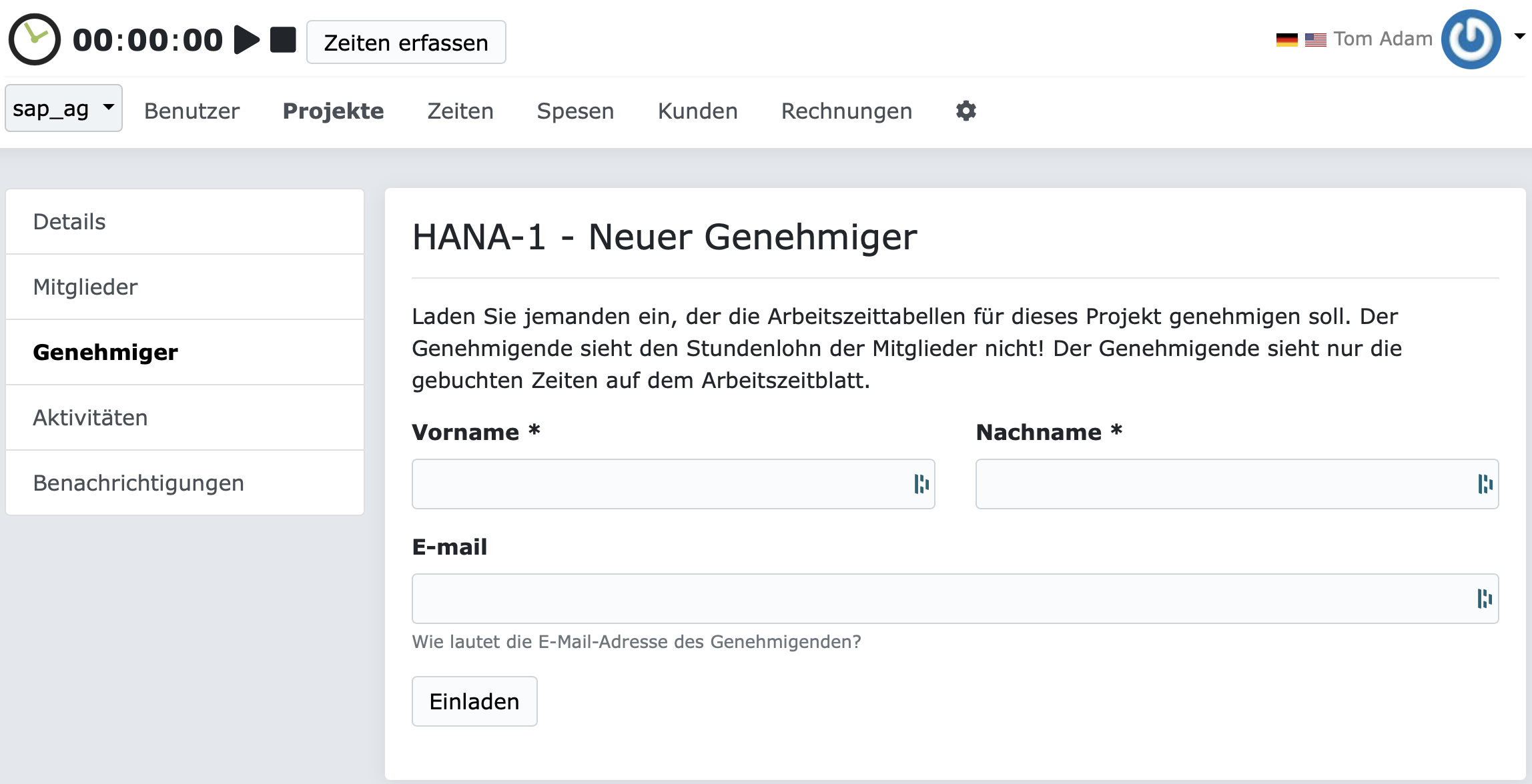 Neuen Benutzer einladen zum Projekt als Genehmiger