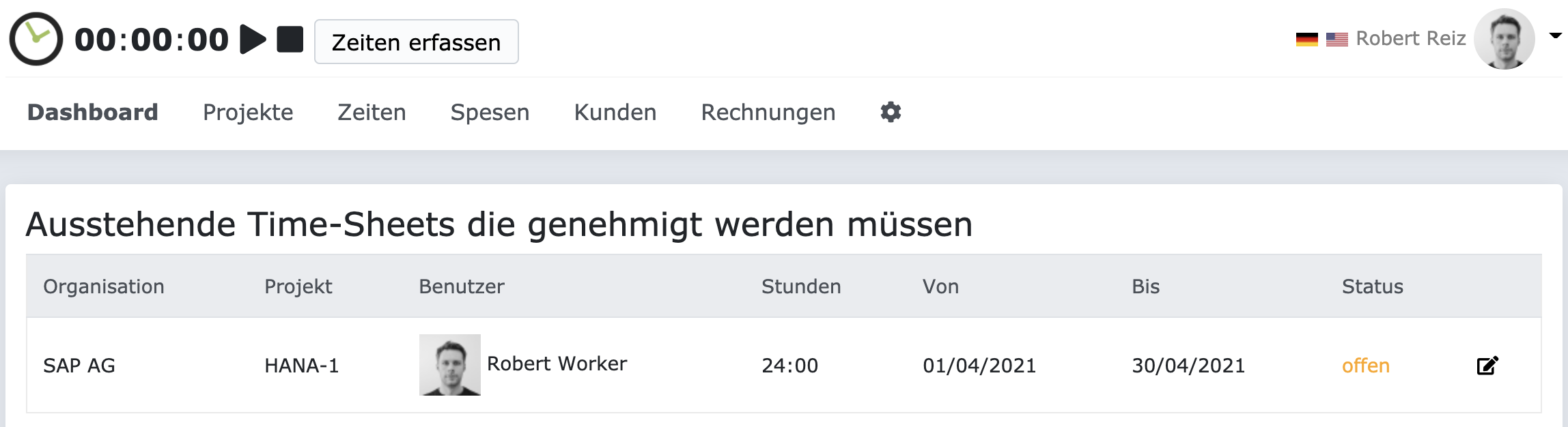 Dashboard mit ausstehendem Time-Sheet