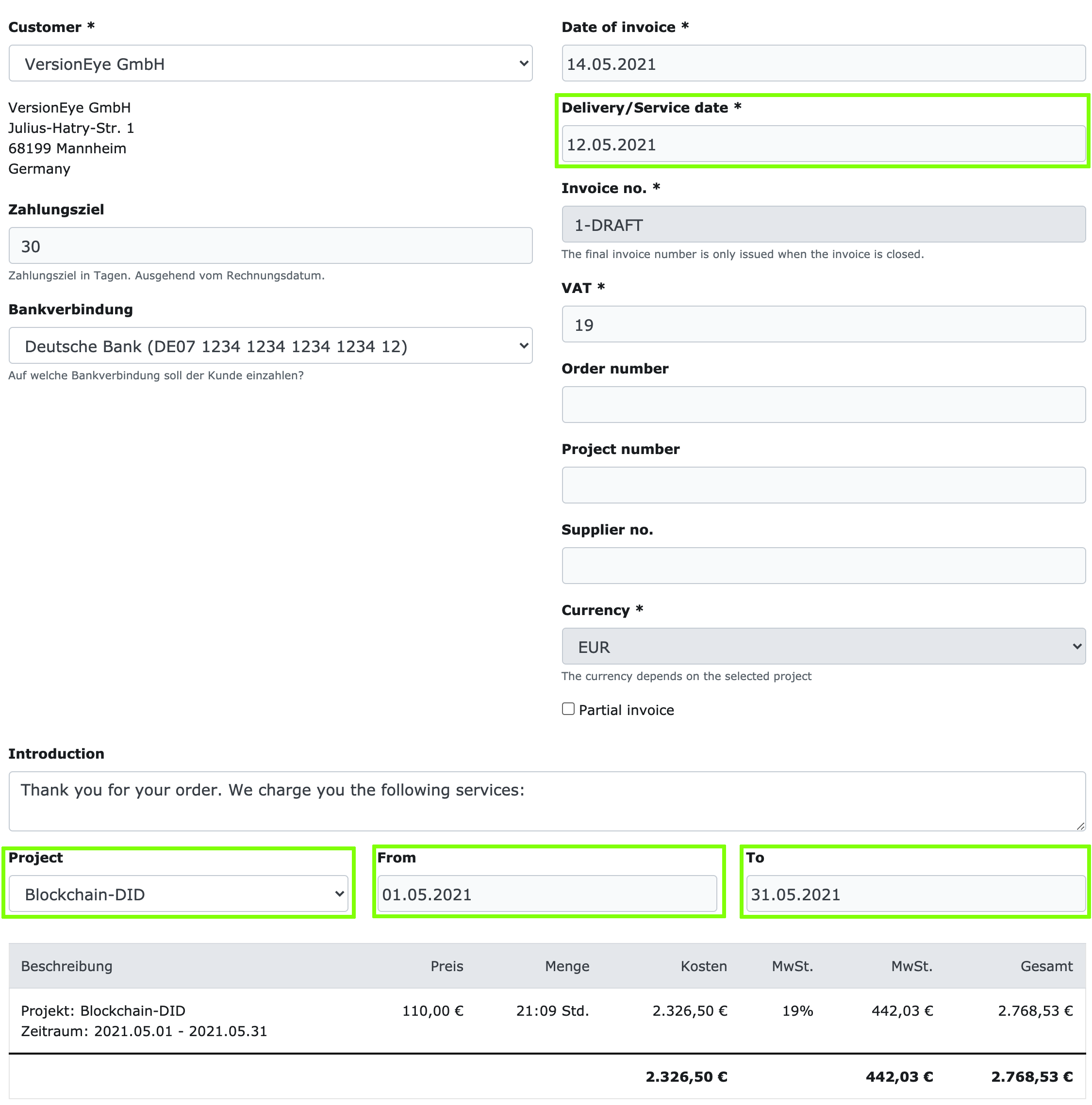 Invoice form with pre filled input fields