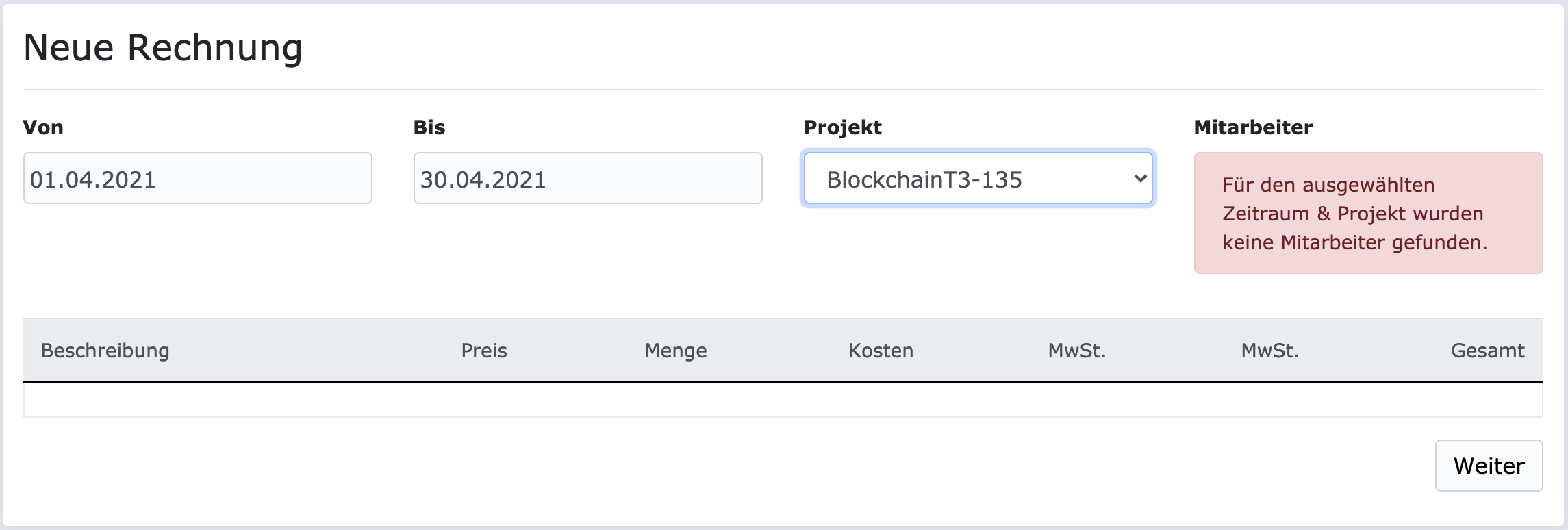 Neue Rechnung - Zeitraum, Projekt und Mitarbeiter auswählen