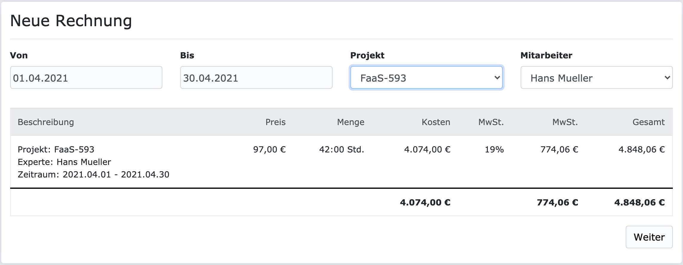 Neue Rechnung - Projekt mit abrechnungsfähigen Zeiten
