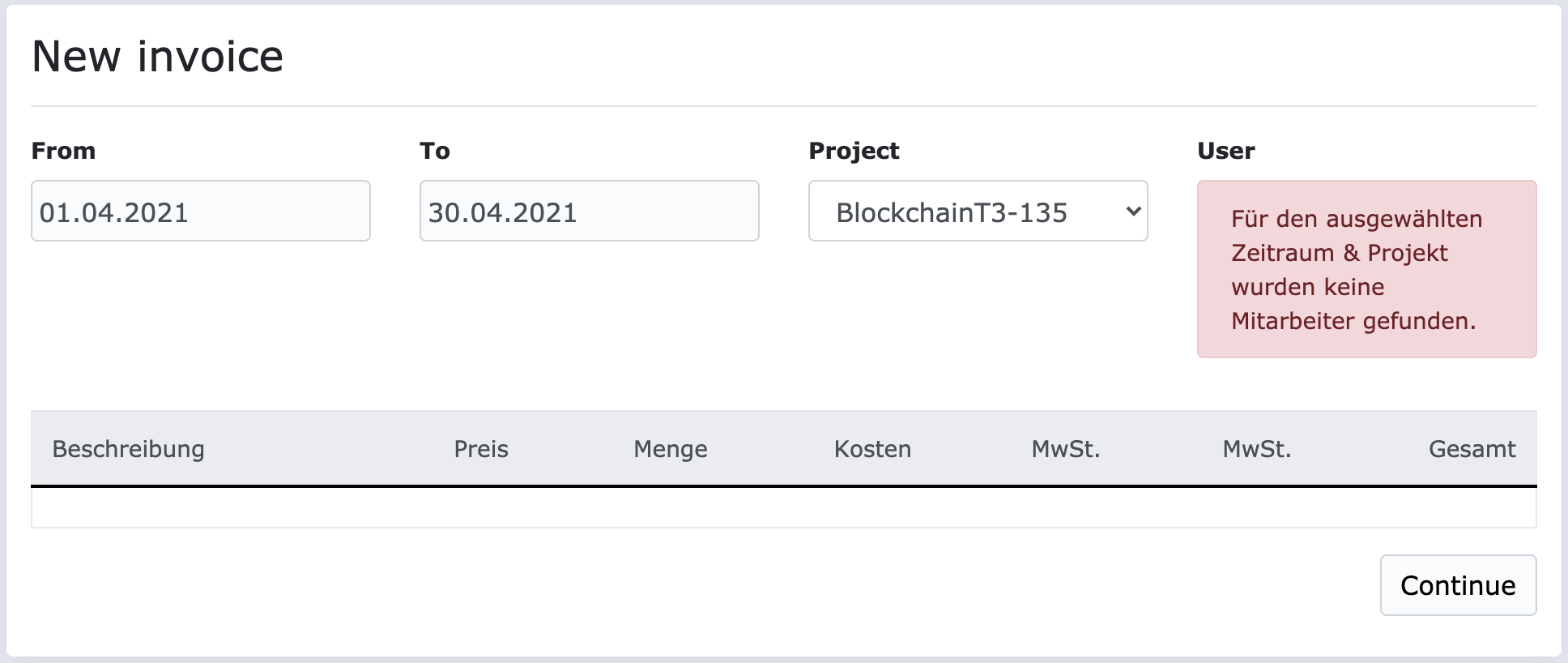 New invoice - select time range, project and expert