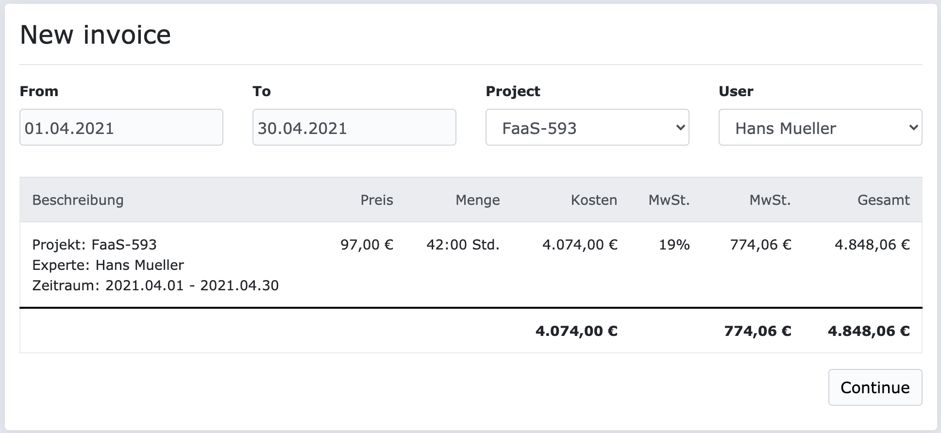 New invoice - select time range, project and expert