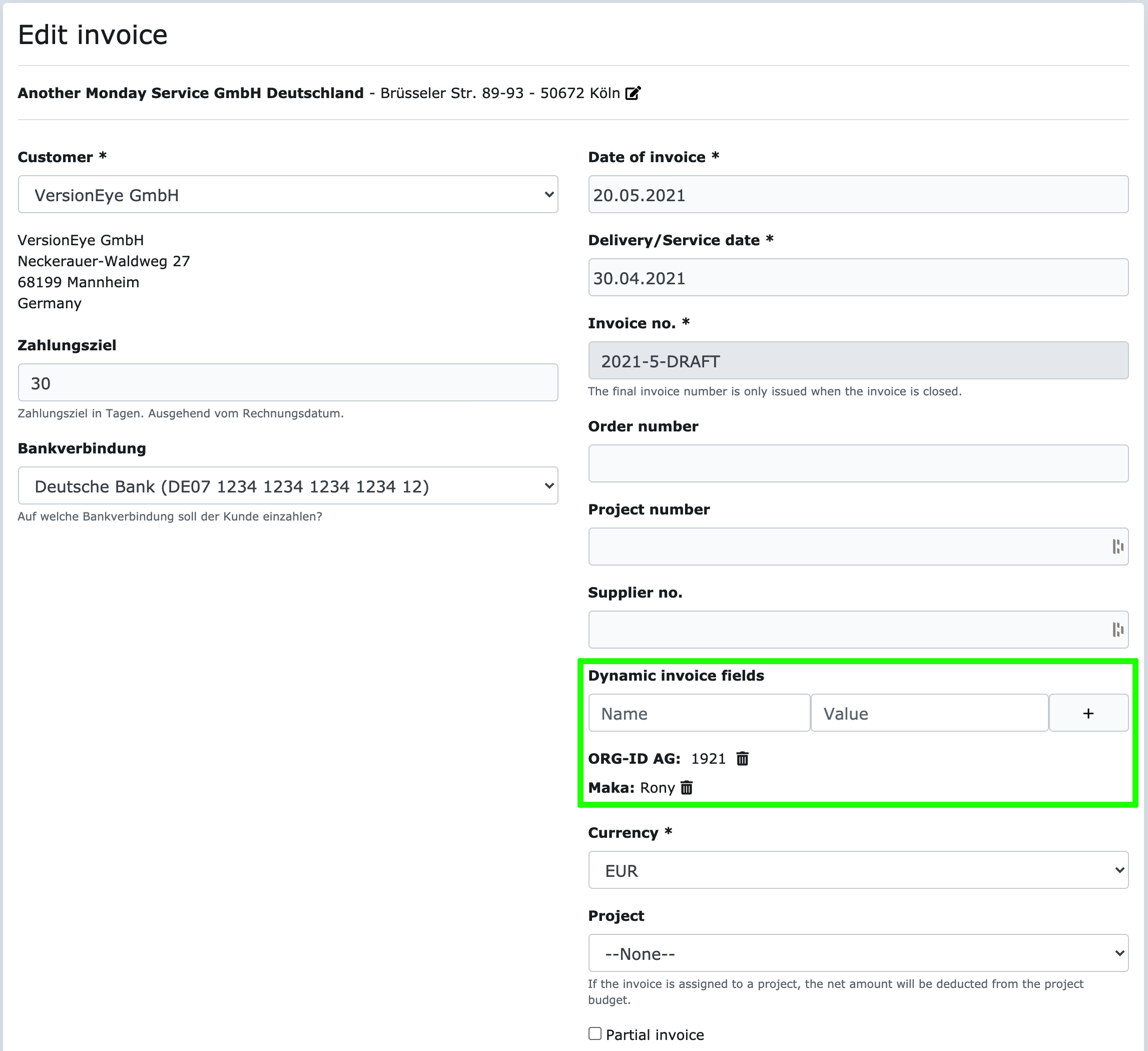 Dynamic input fields on invoices