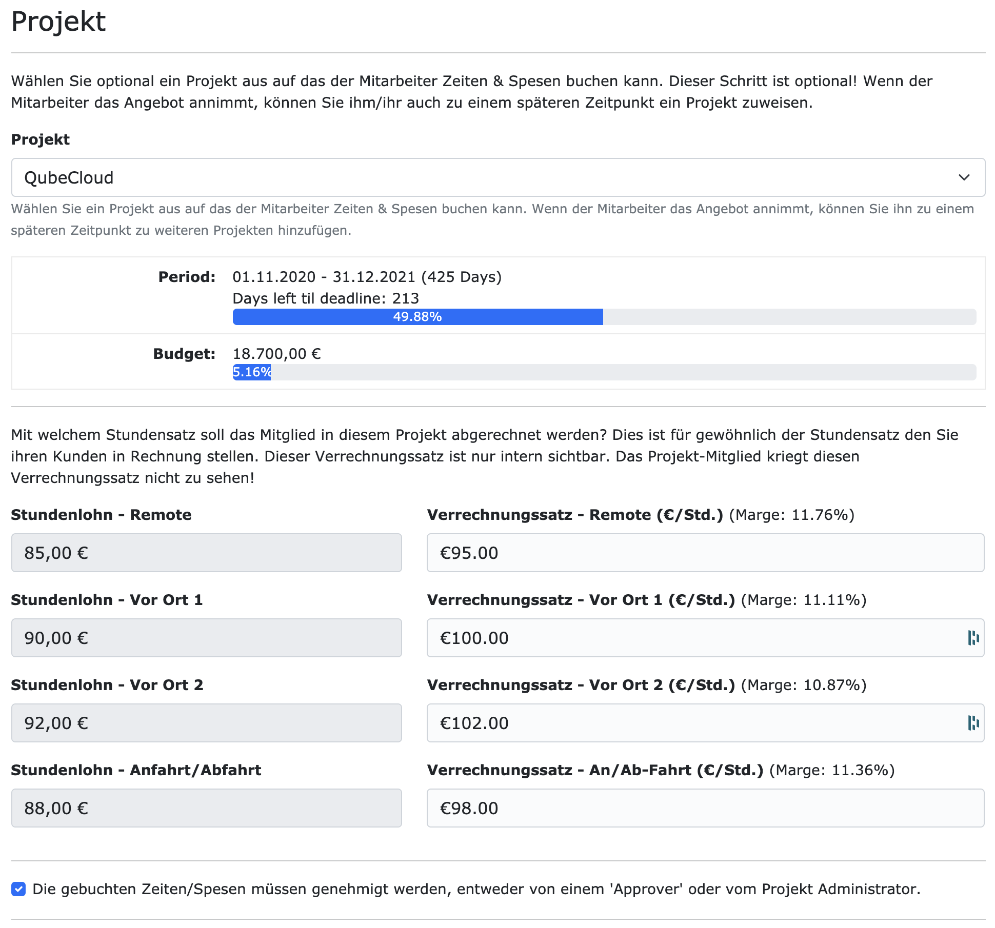 Verrechnungssätze im Projekt festlegen pro Mitarbeiter