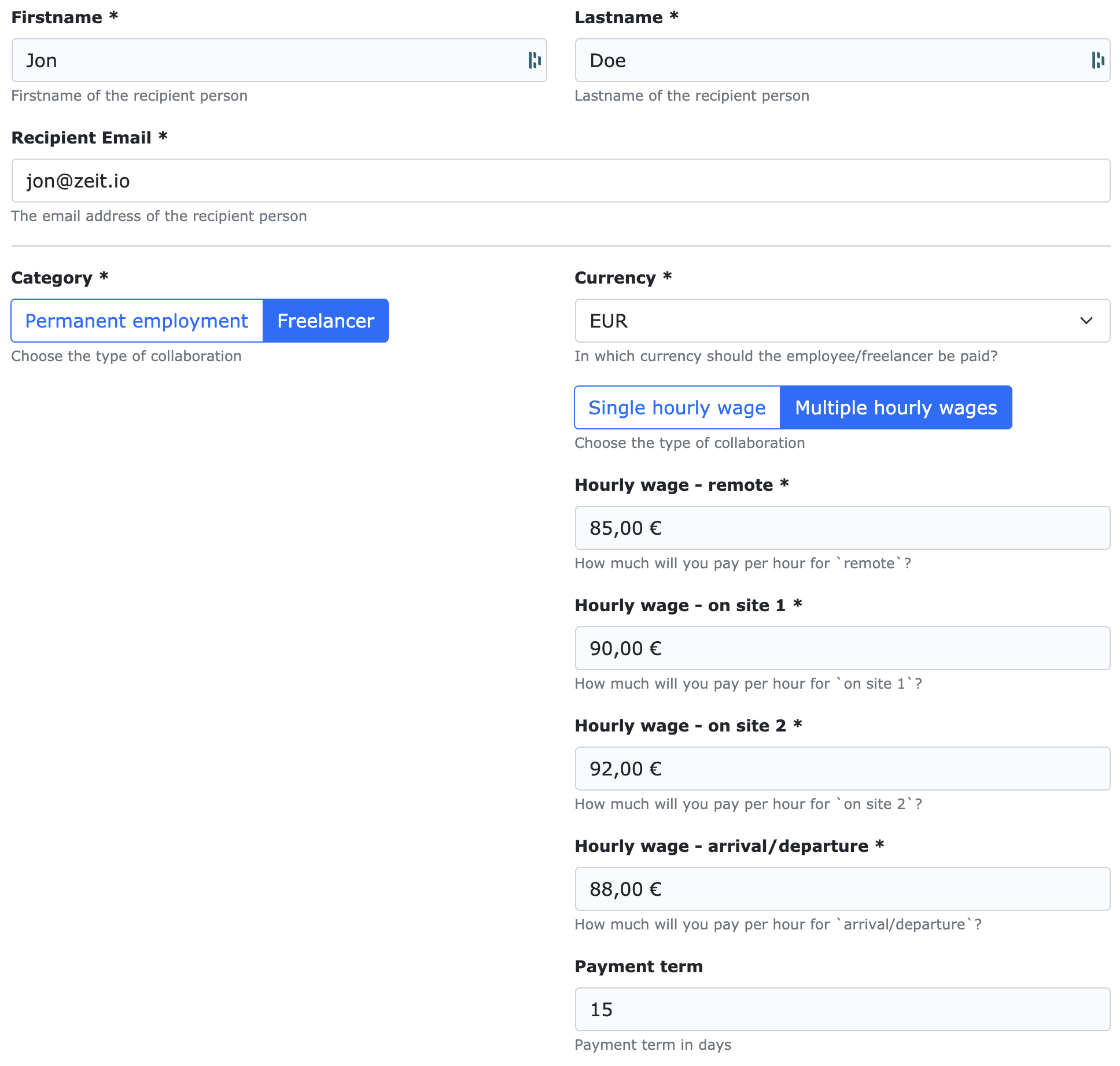 Setting up a freelancer contract in ZEIT.IO
