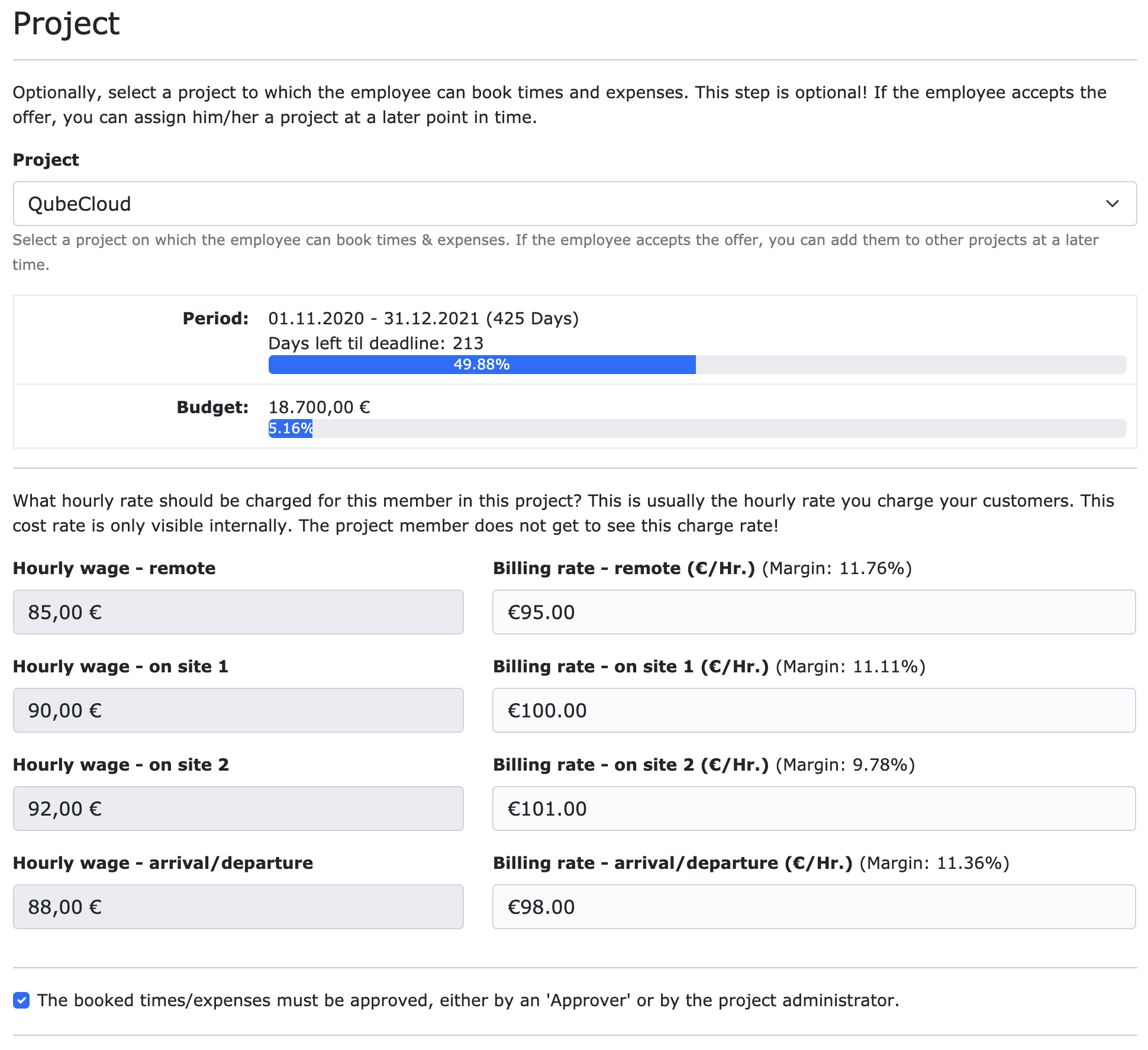 Define the billing rate per employee in the project.