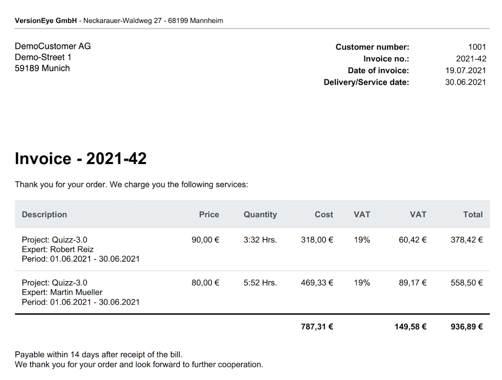 Example invoice at ZEIT.IO