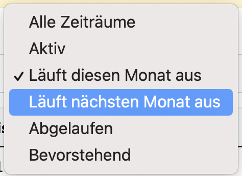 Filter Optionen für Verträge auf ZEIT.IO