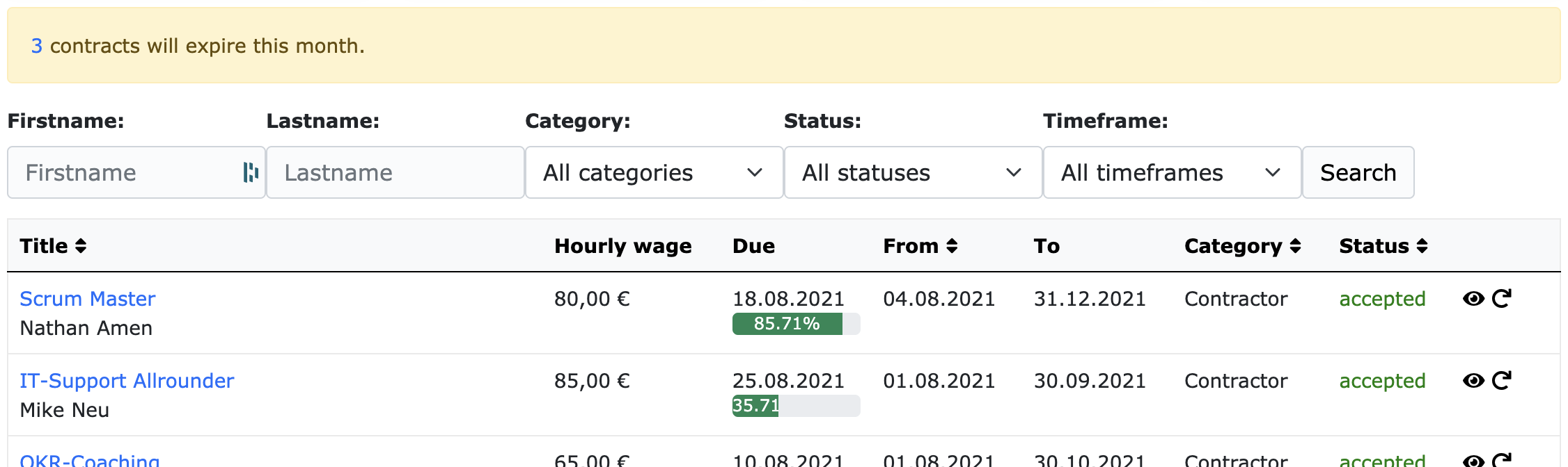 Contracts overview at ZEIT.IO