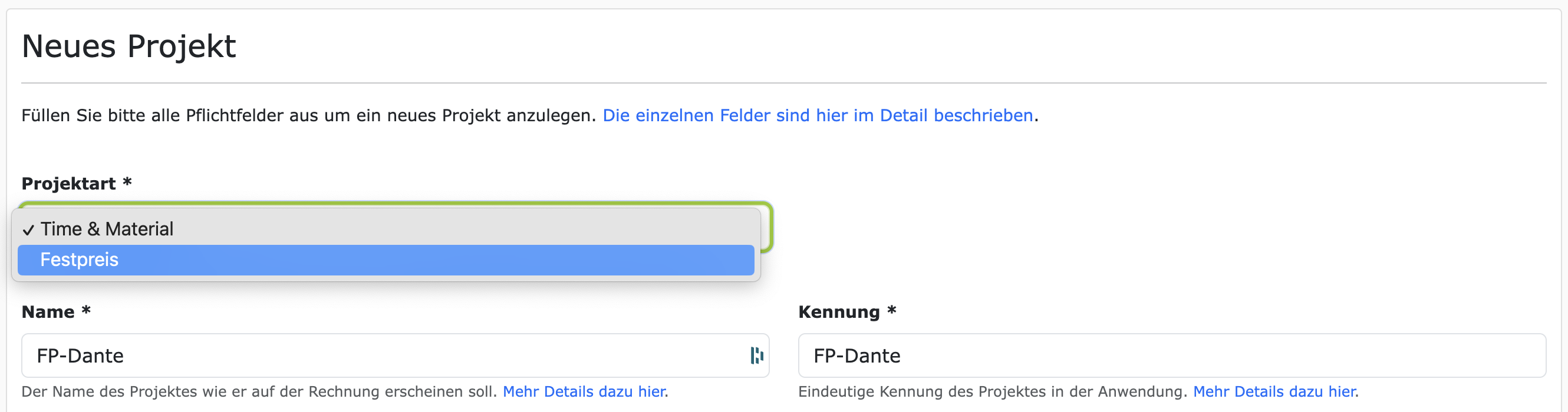 Neues Festpreis-Projekt anlegen