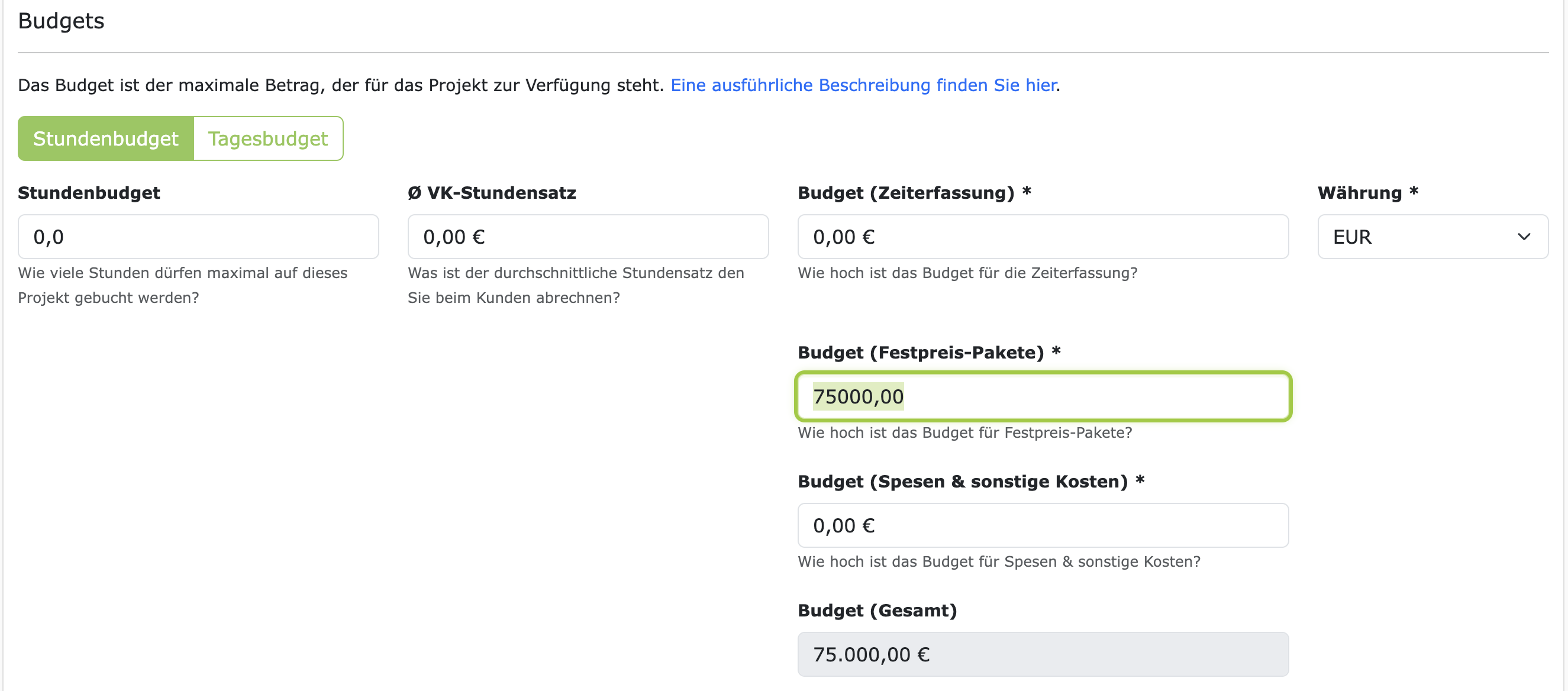 Budget für Festpreis-Pakete