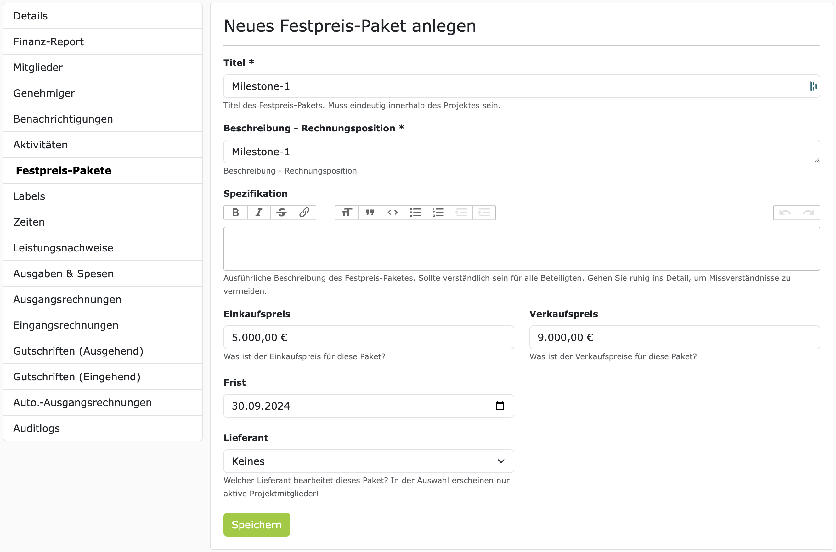 Neues Festpreis-Paket anlegen