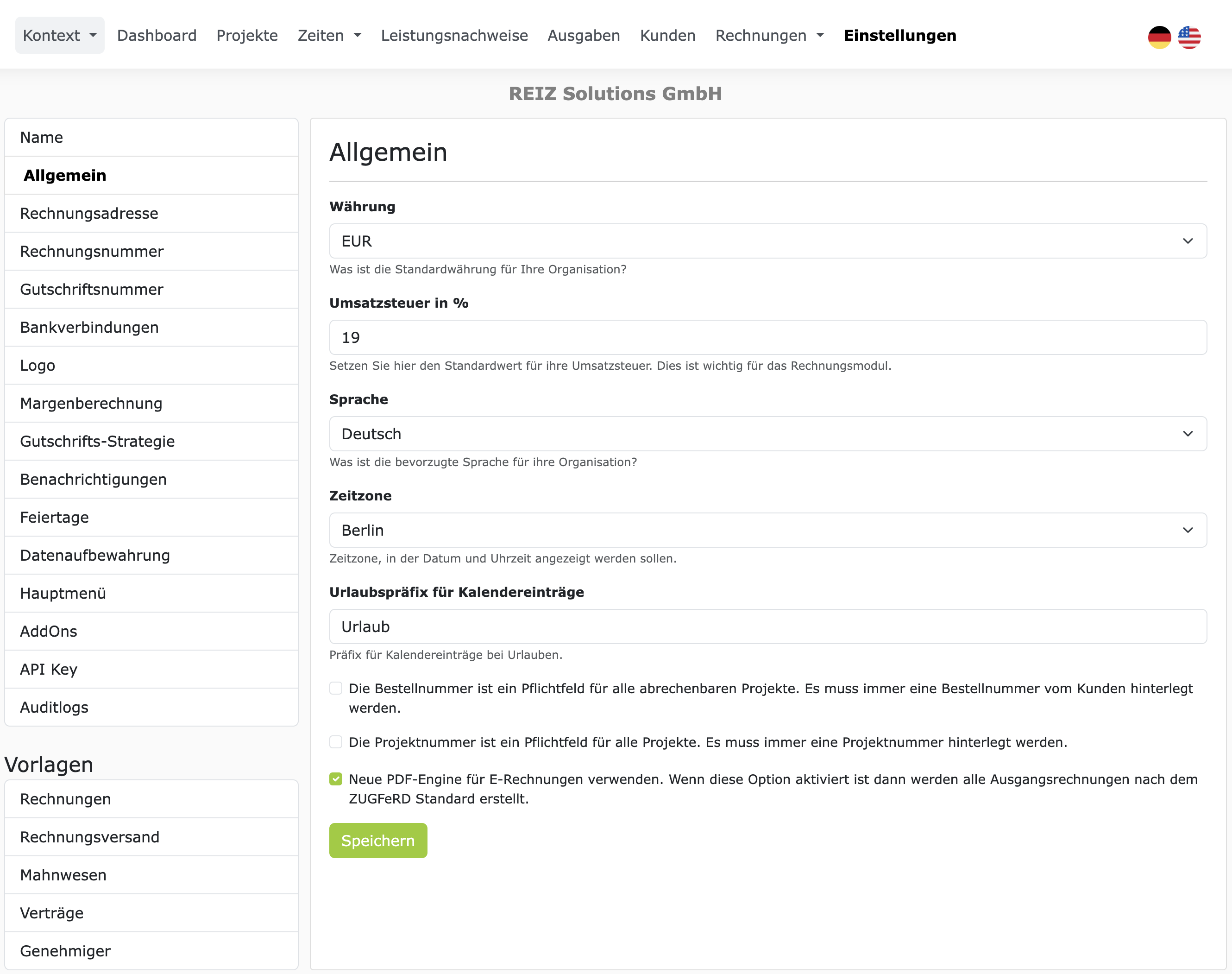 ZUGFeRD in ZEIT.IO aktivieren