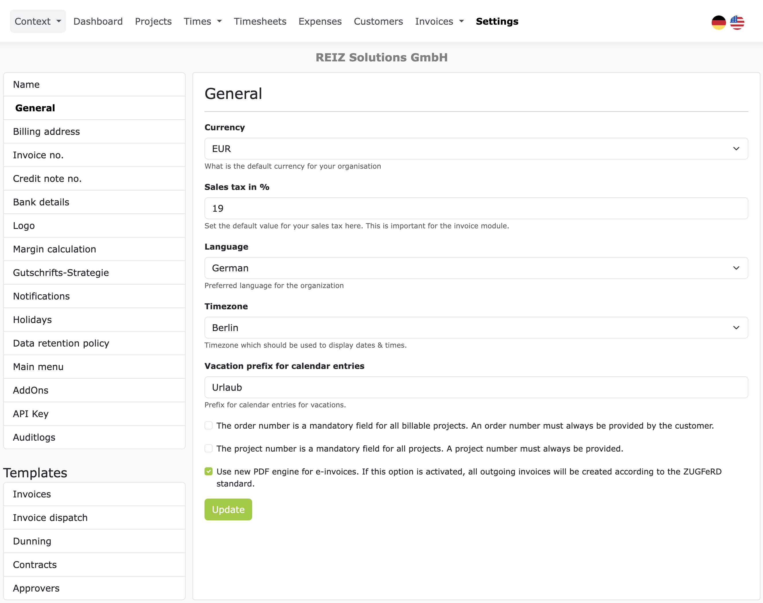 Activate ZUGFeRD in ZEIT.IO