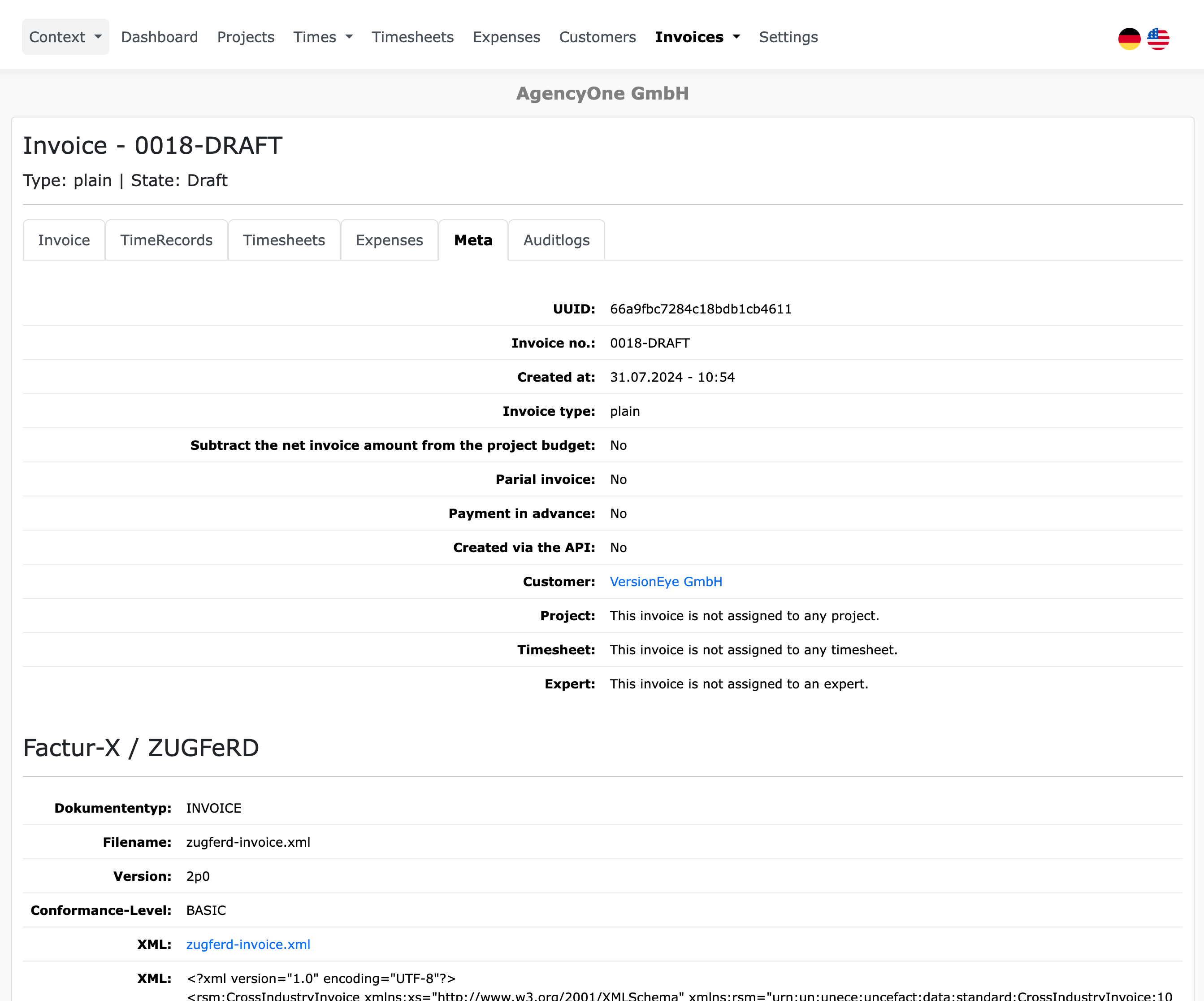 Accessing ZUGFeRD Meta Data in ZEIT.IO