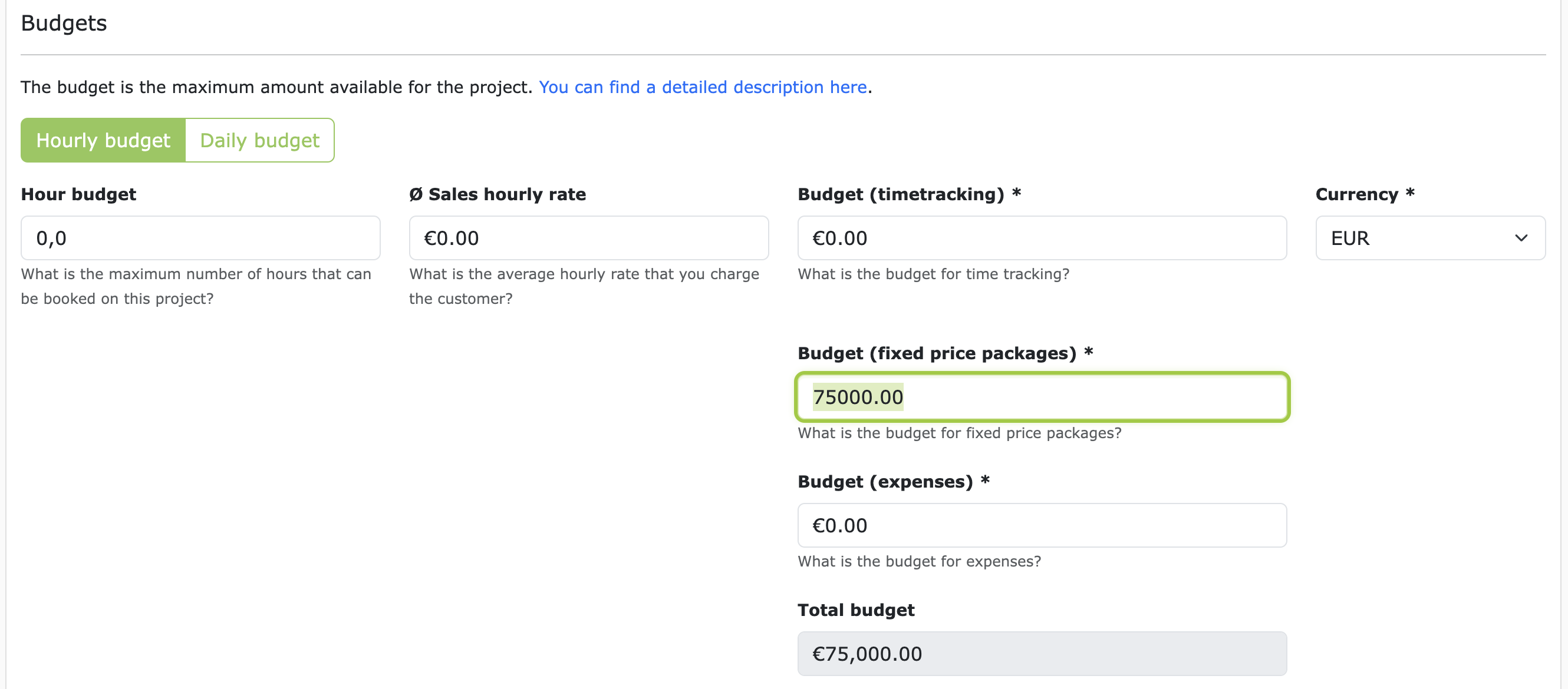 Budget for fixed price packages