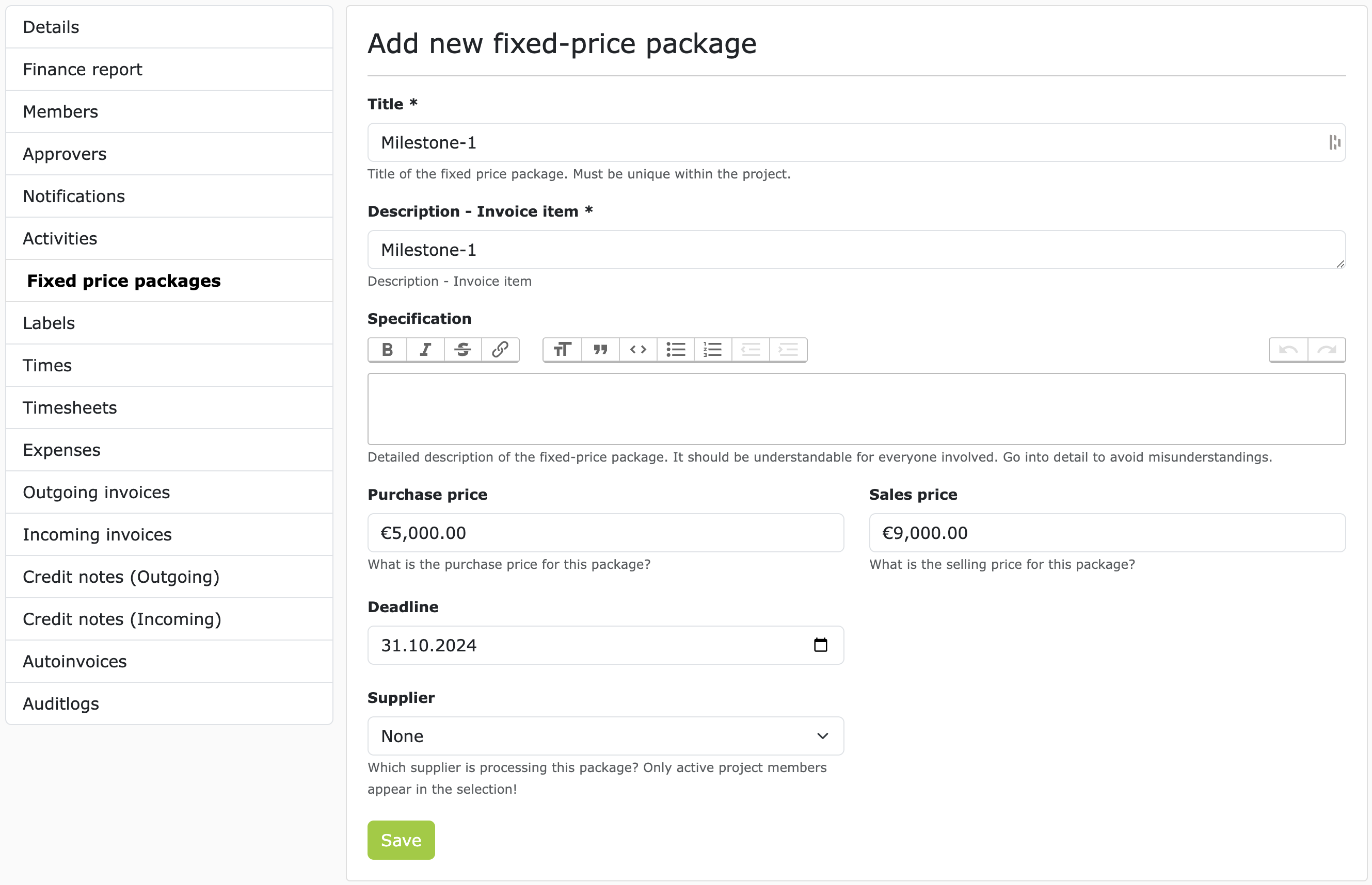 Create a new fixed price package at ZEIT.IO