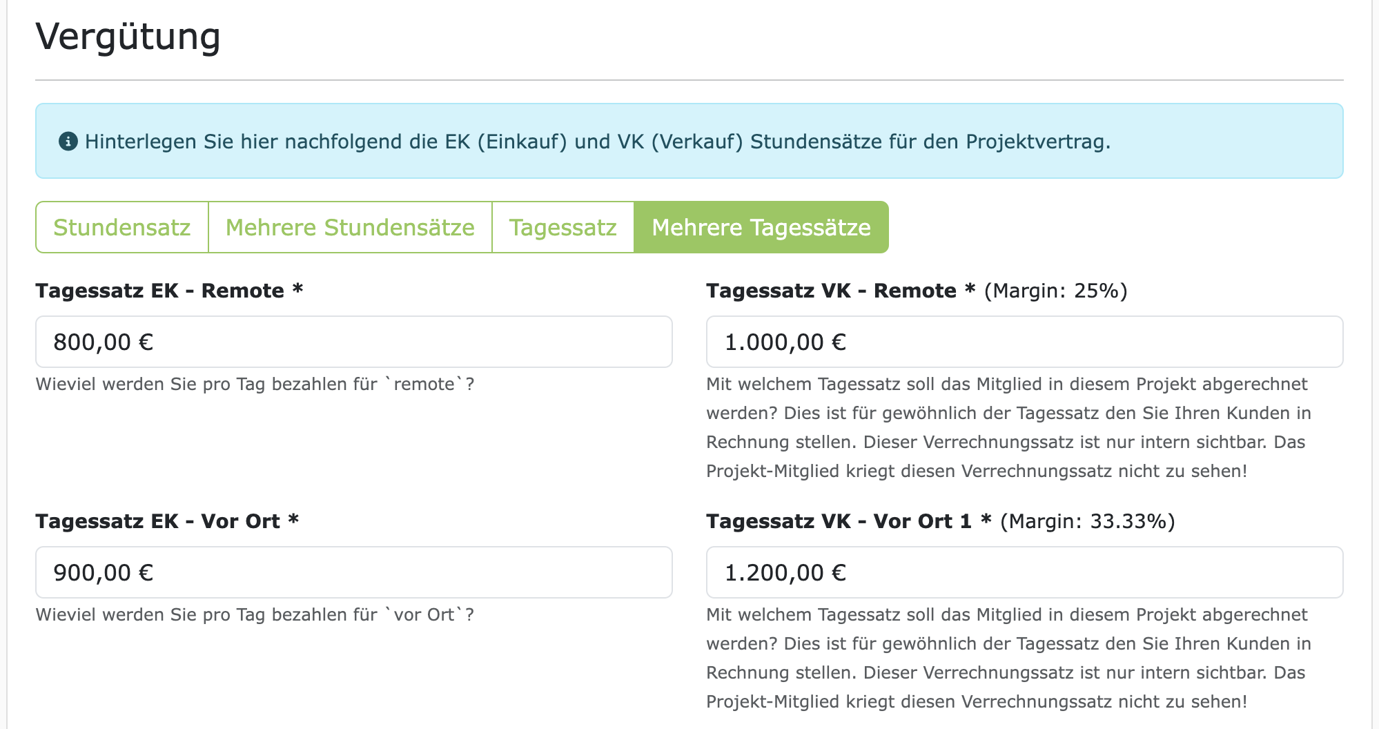 EK- und VK-Stundensätze im Projektvertrag 1:1