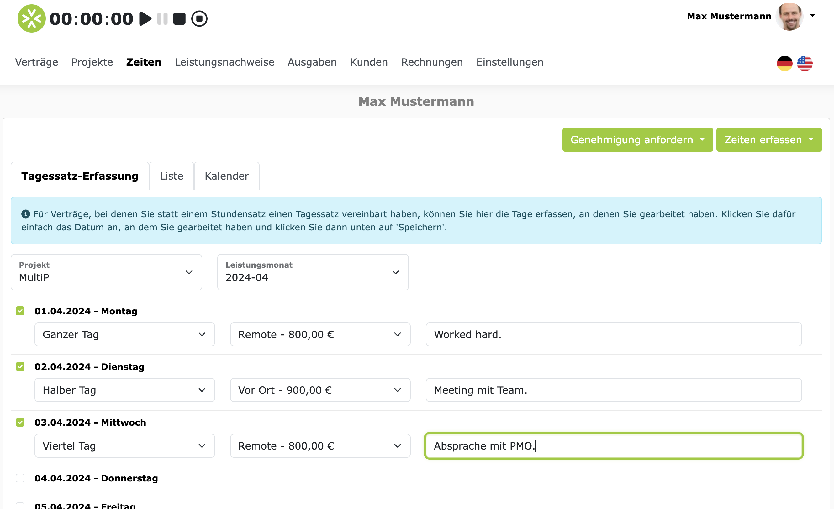Tagessatz-Erfassung auf ZEIT.IO