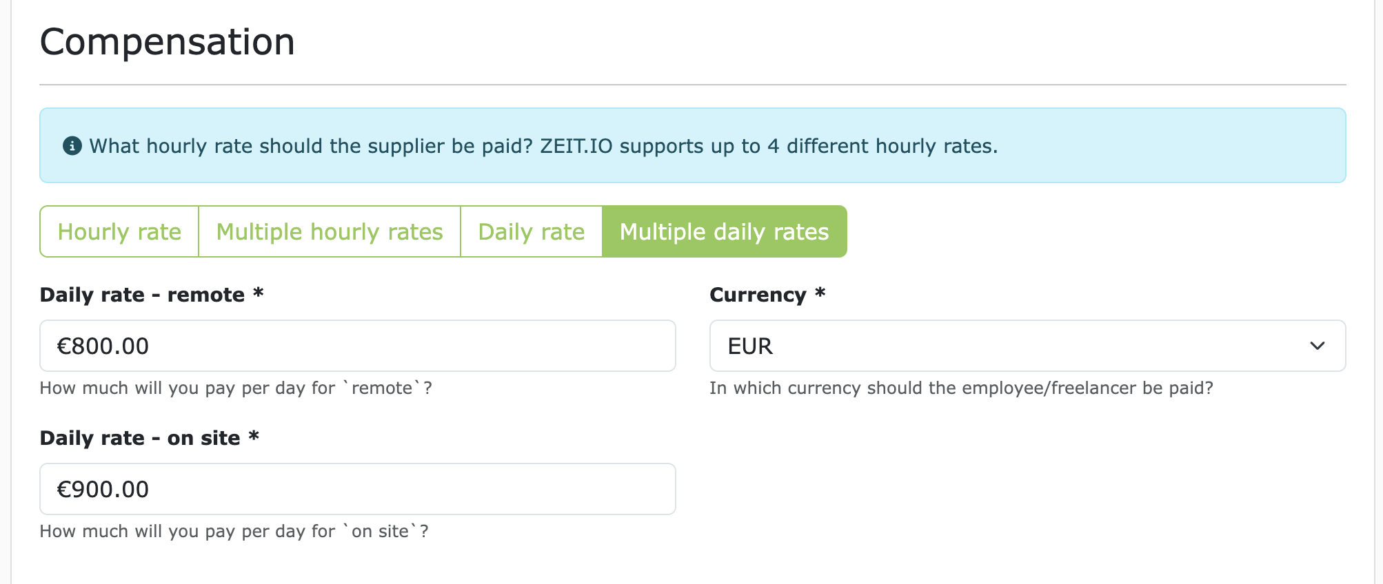 Multiple day rate compensation for supplier/freelancer/contractor