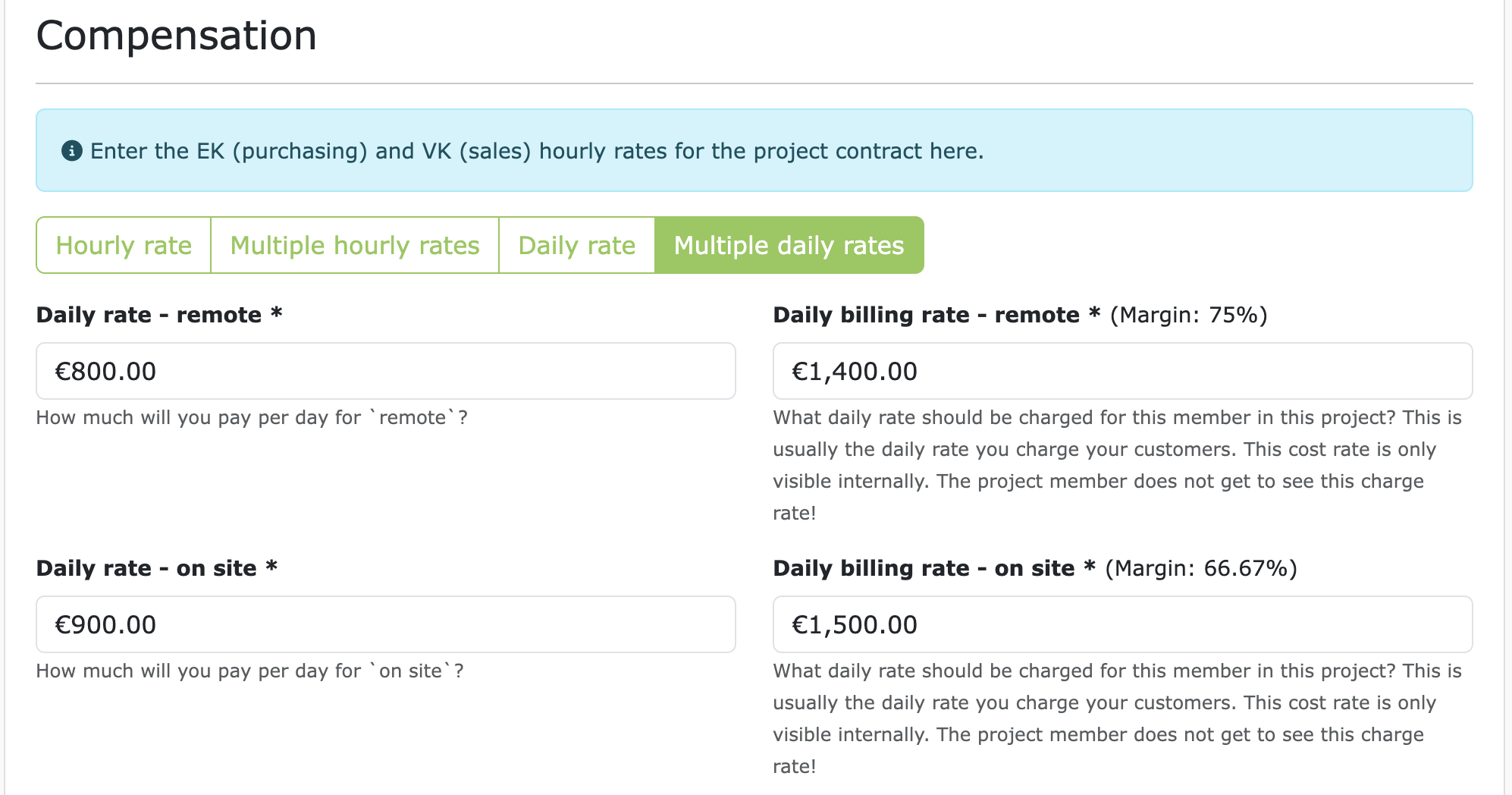 Purchase and sales rates at a project-contract 1:1