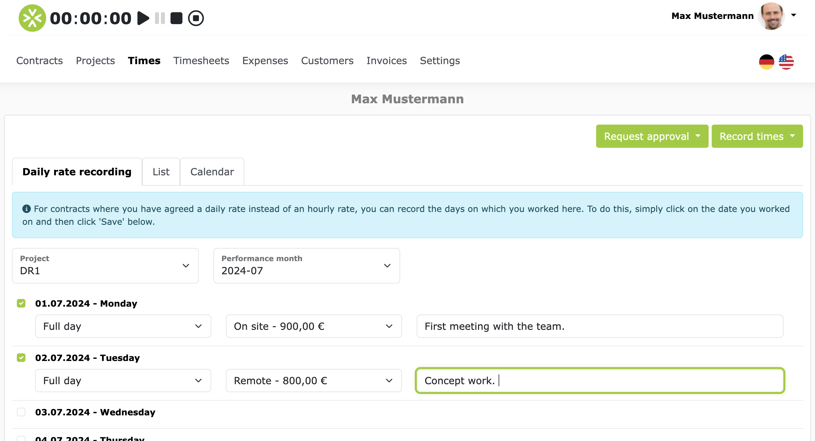 Day rate recording at ZEIT.IO