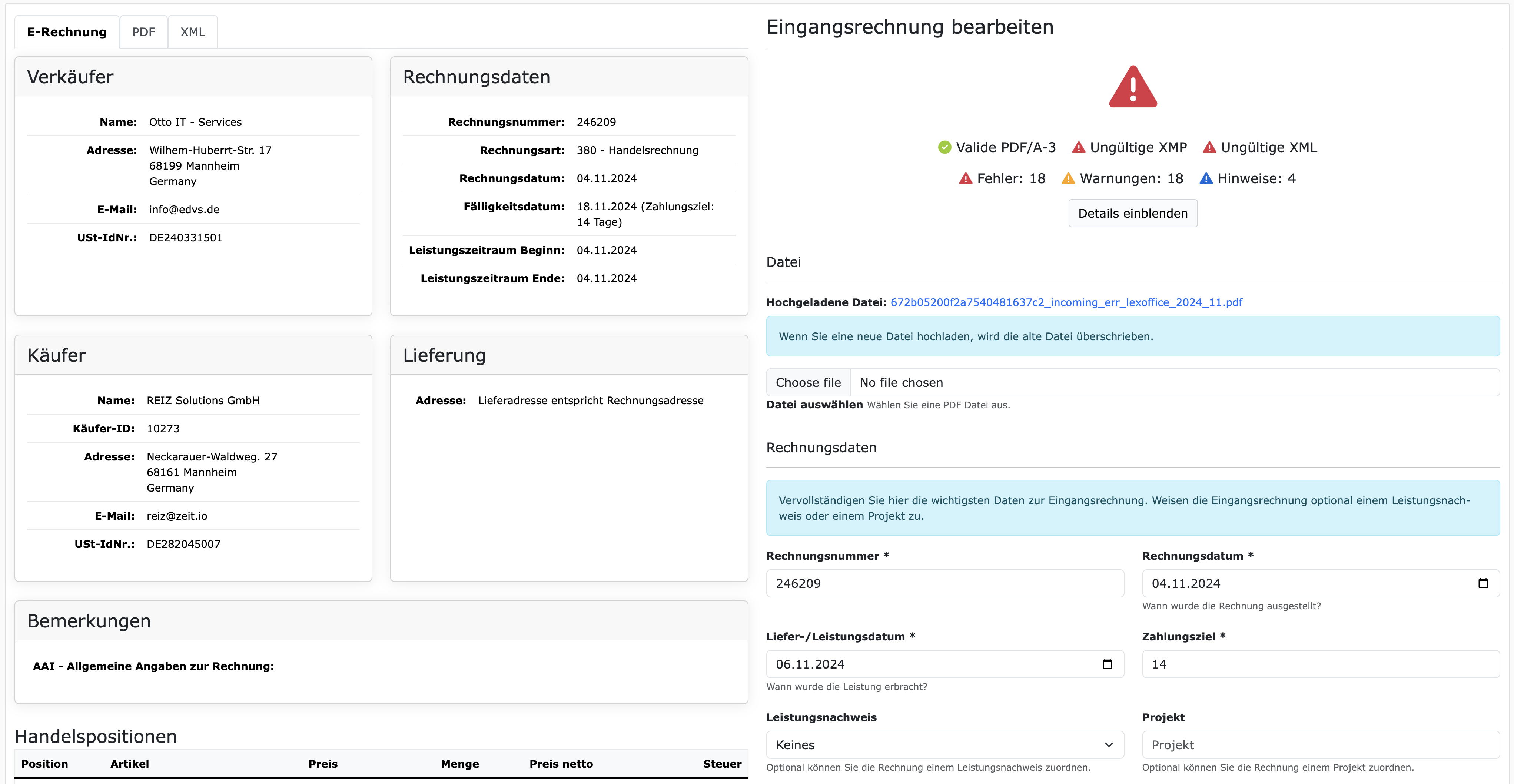 Validation results of an invalid ZUGFeRD document
