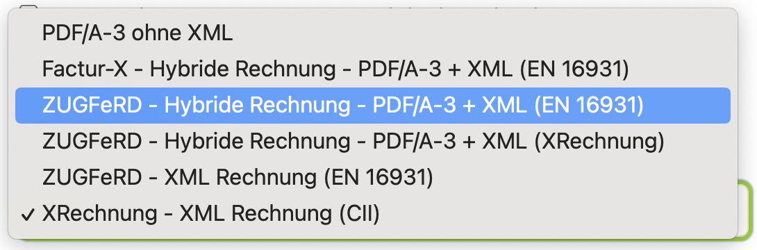 Auswahl an Rechnungsformaten auf ZEIT.IO