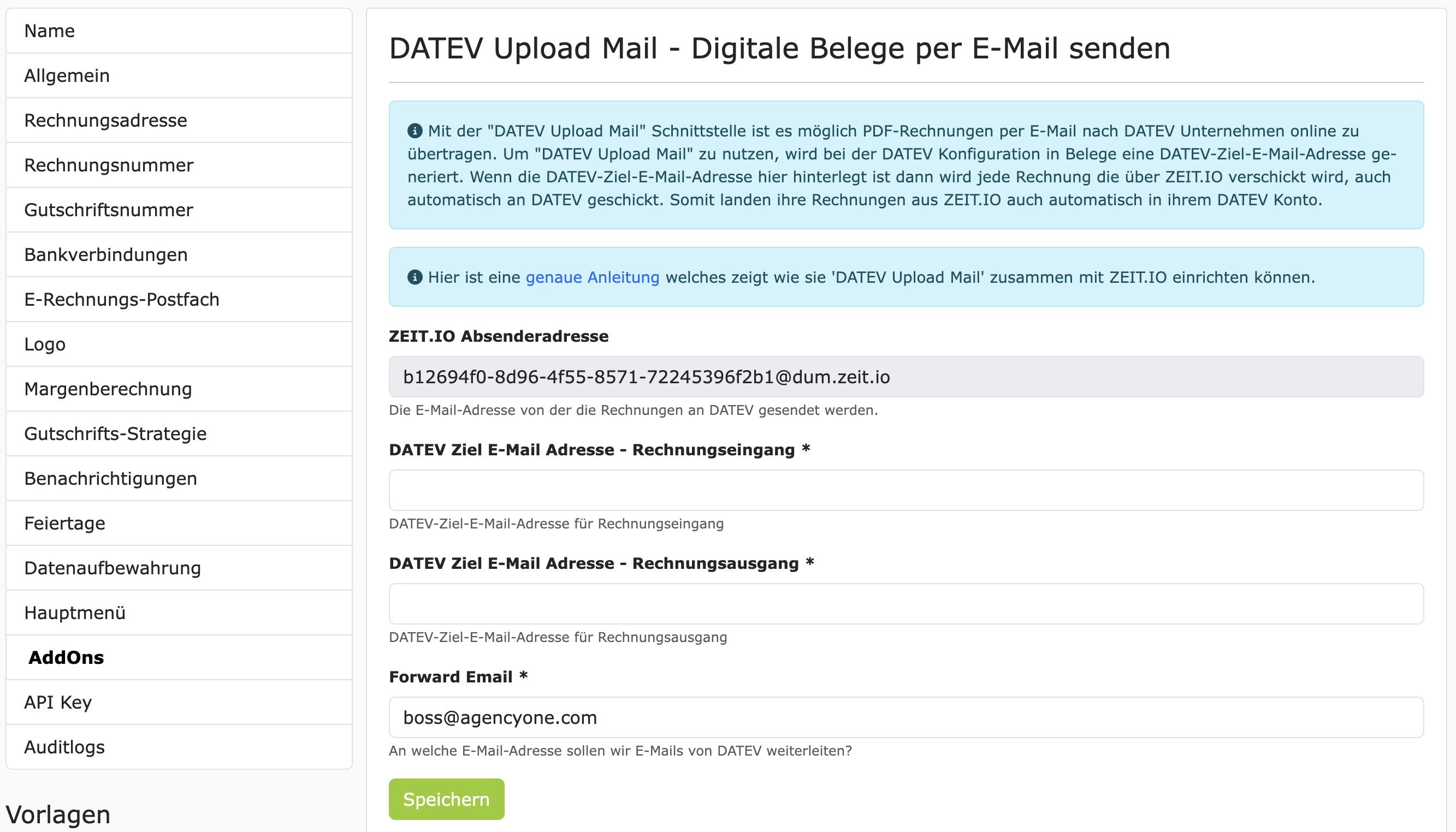 ZEIT.IO - DATEV Upload Mail Konfiguration