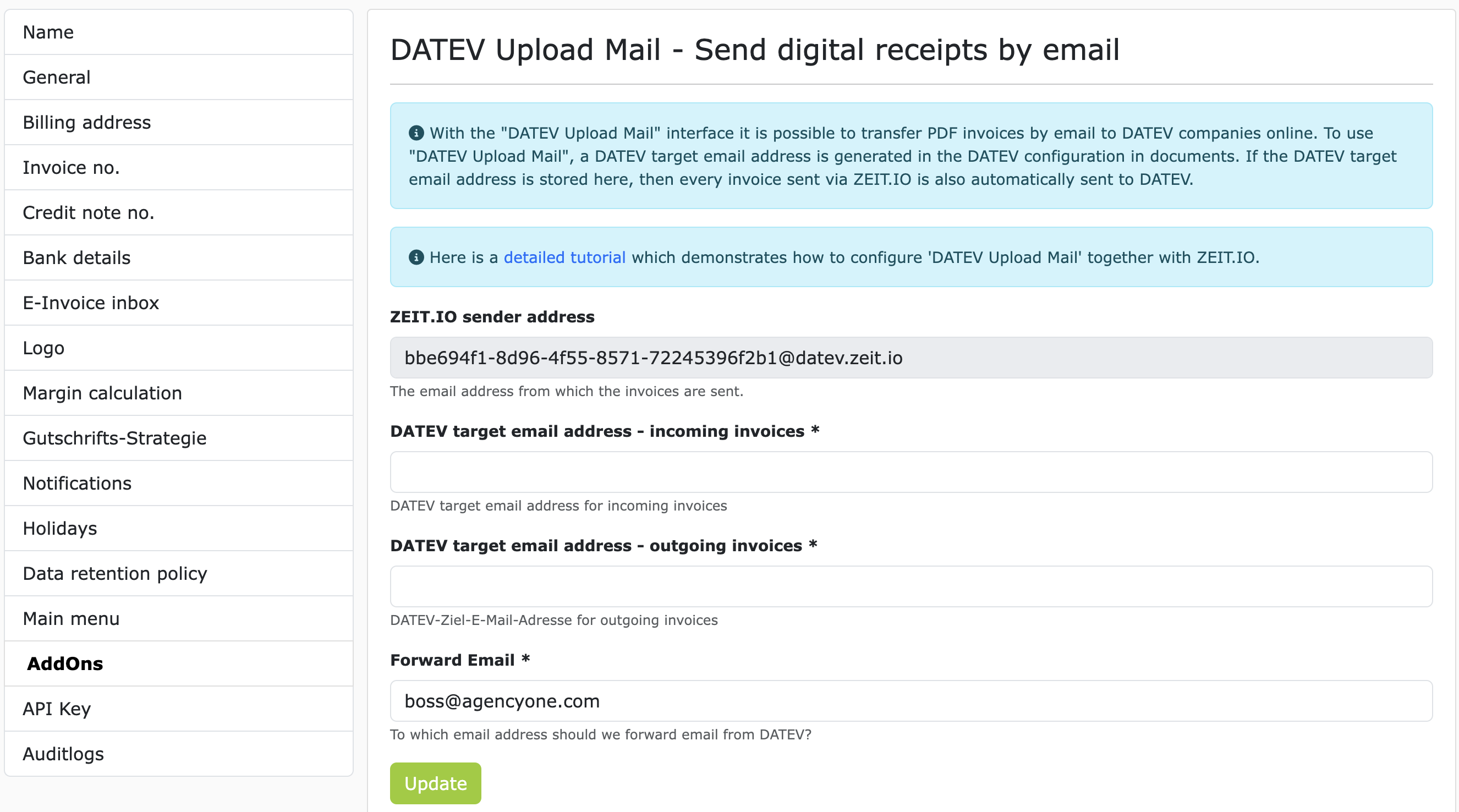 ZEIT.IO - DATEV Upload Mail Configuration