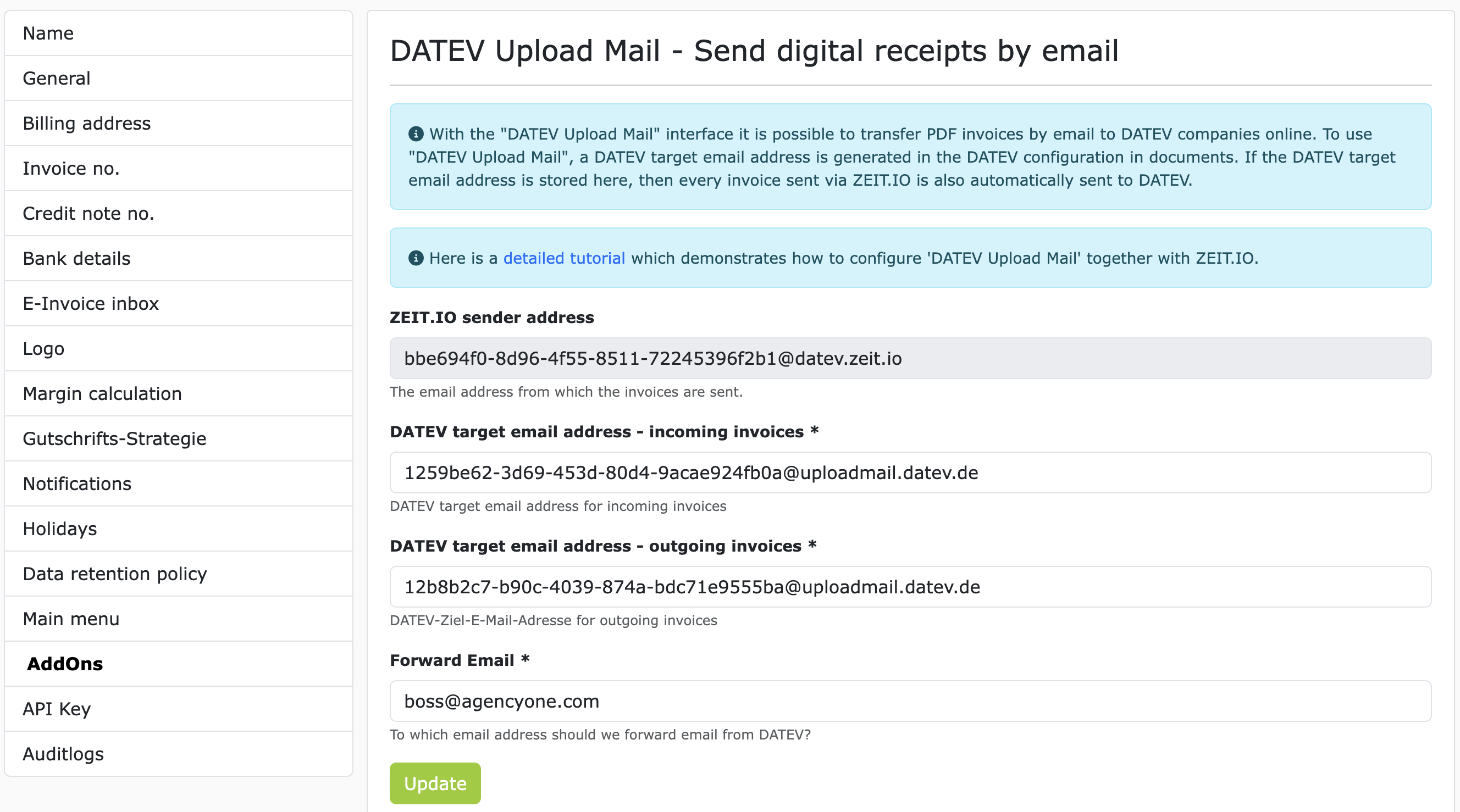 DATEV Upload Mail configuration at ZEIT.IO