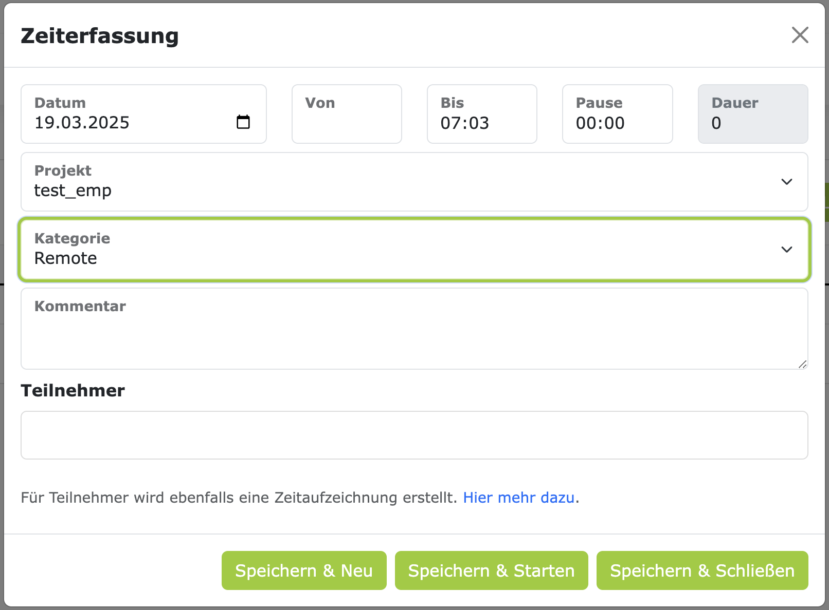 Stunden-Kategorie Auswahl für Mitarbeiter
