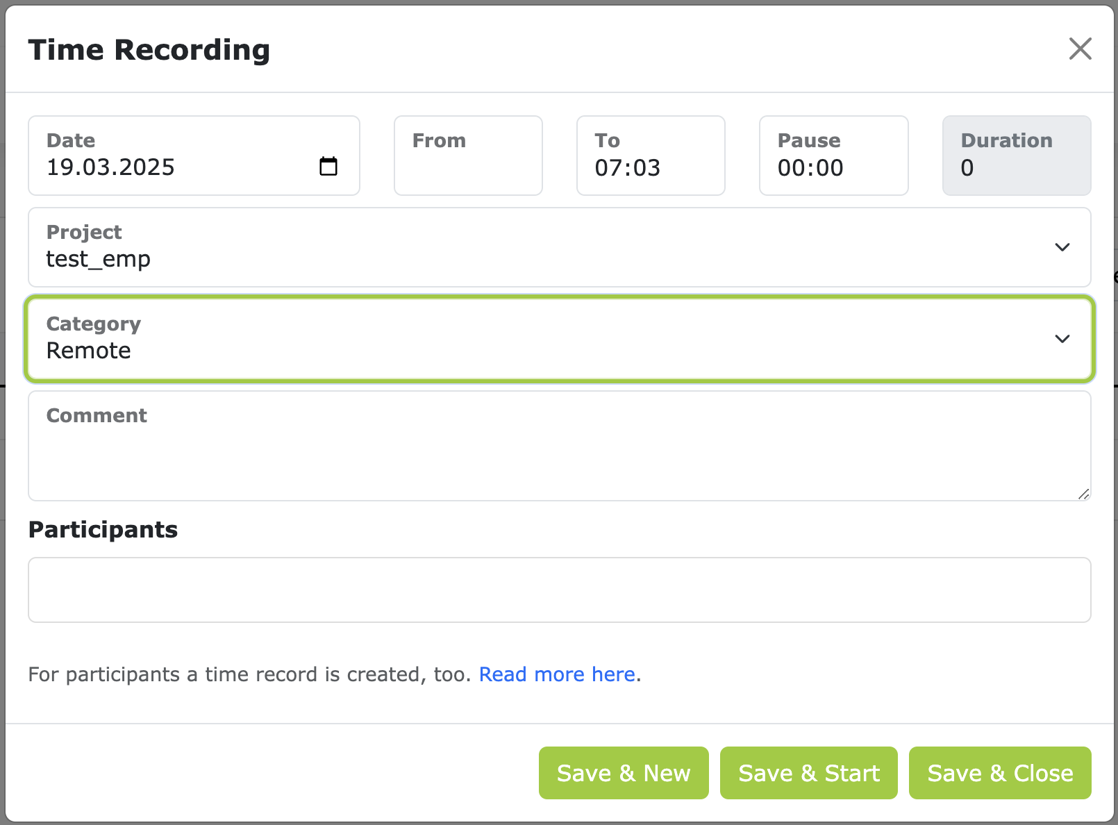 Categories for time recording