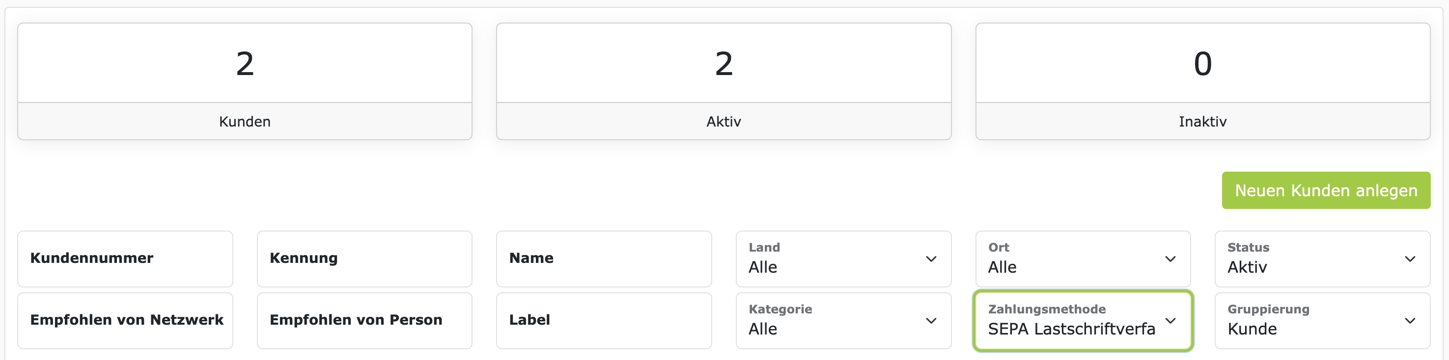 Kunden filtern nach Zahlungsmethode SEPA-Lastschriftverfahren
