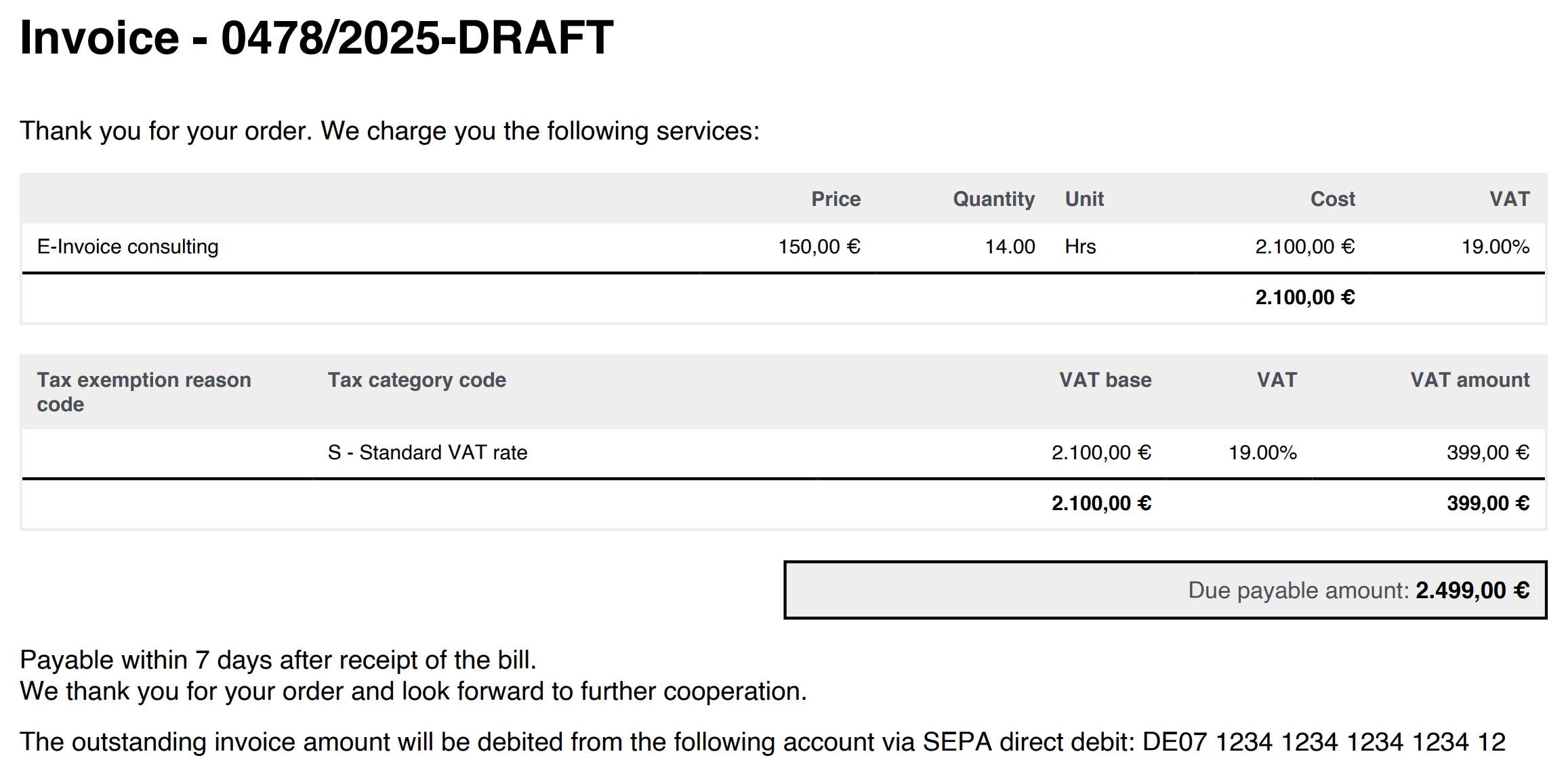 ZUGFeRD invoice with payment method 49 - SEPA direct debit