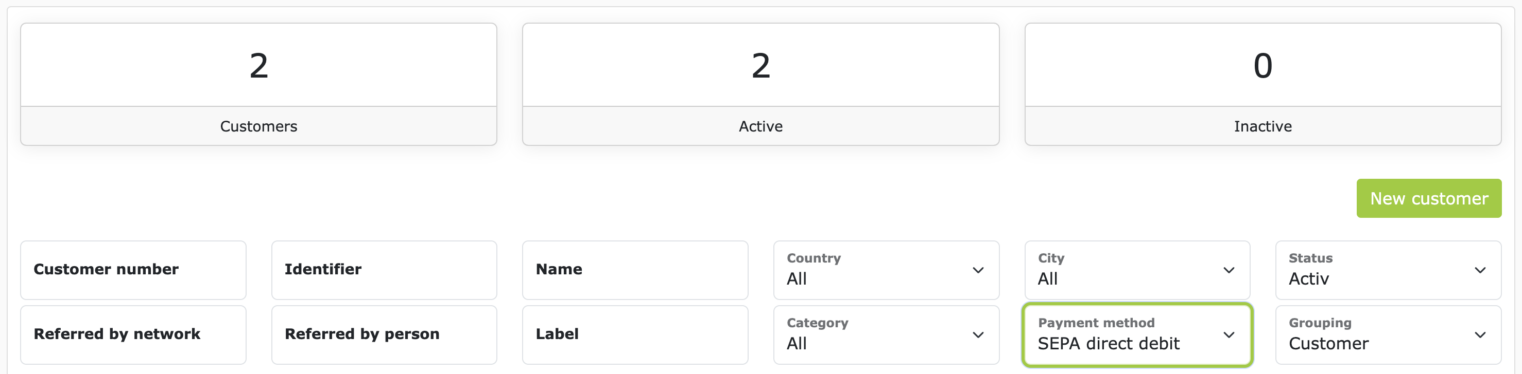 Customers filter by payment method SEPA direct debit