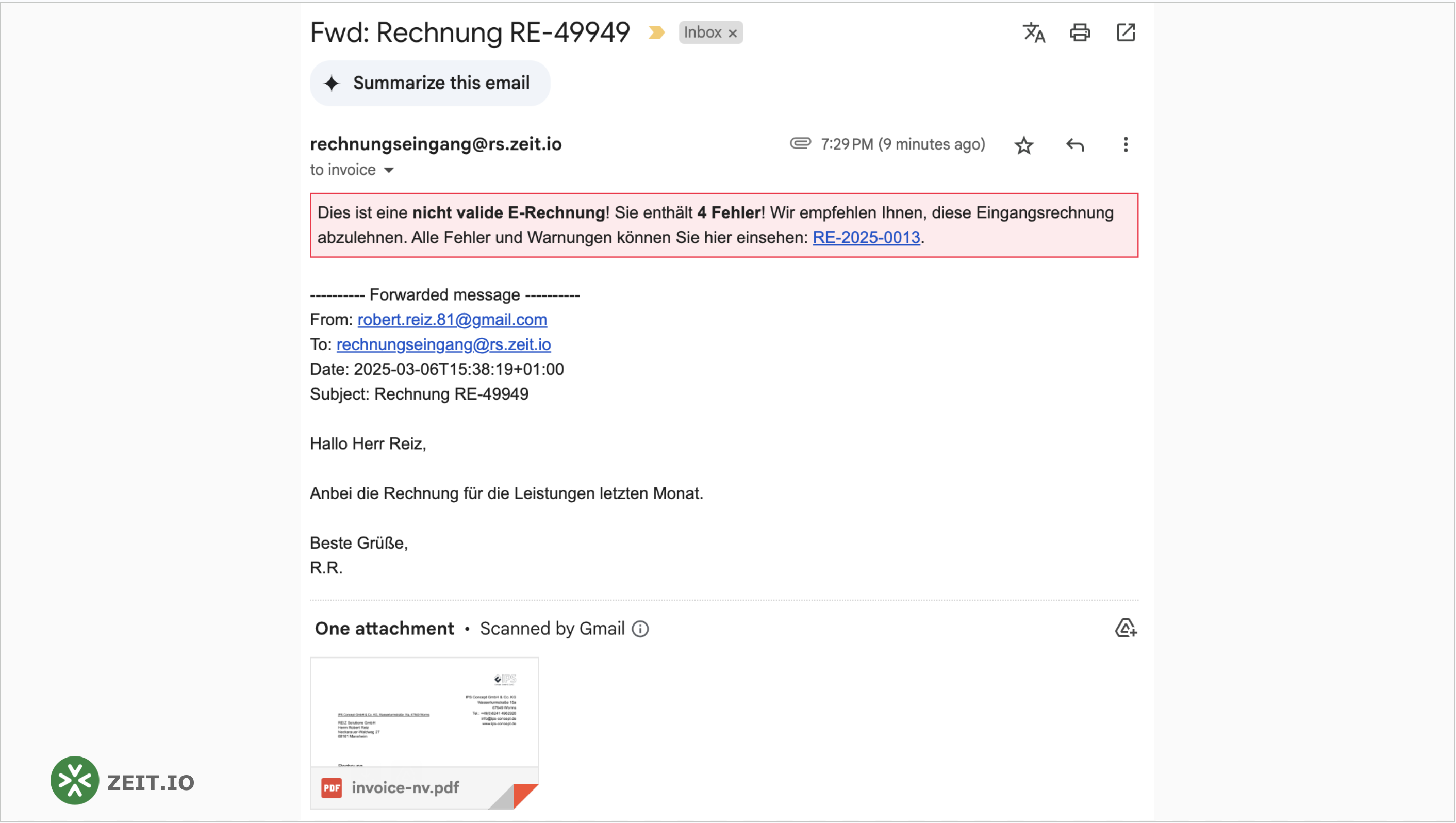 Forwarded invalid e-invoice