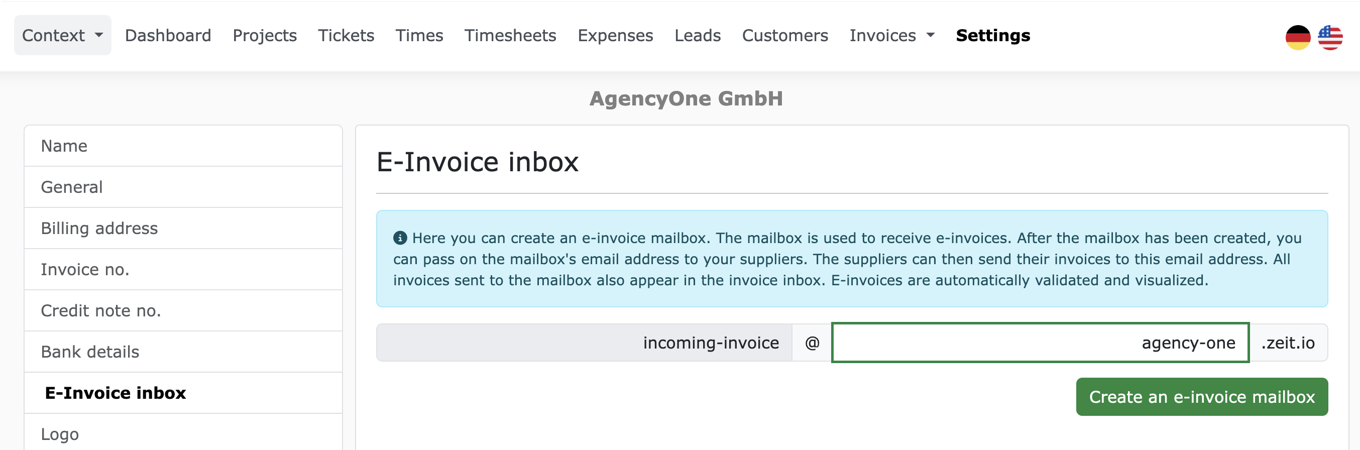 Create a new e-invoice mailbox