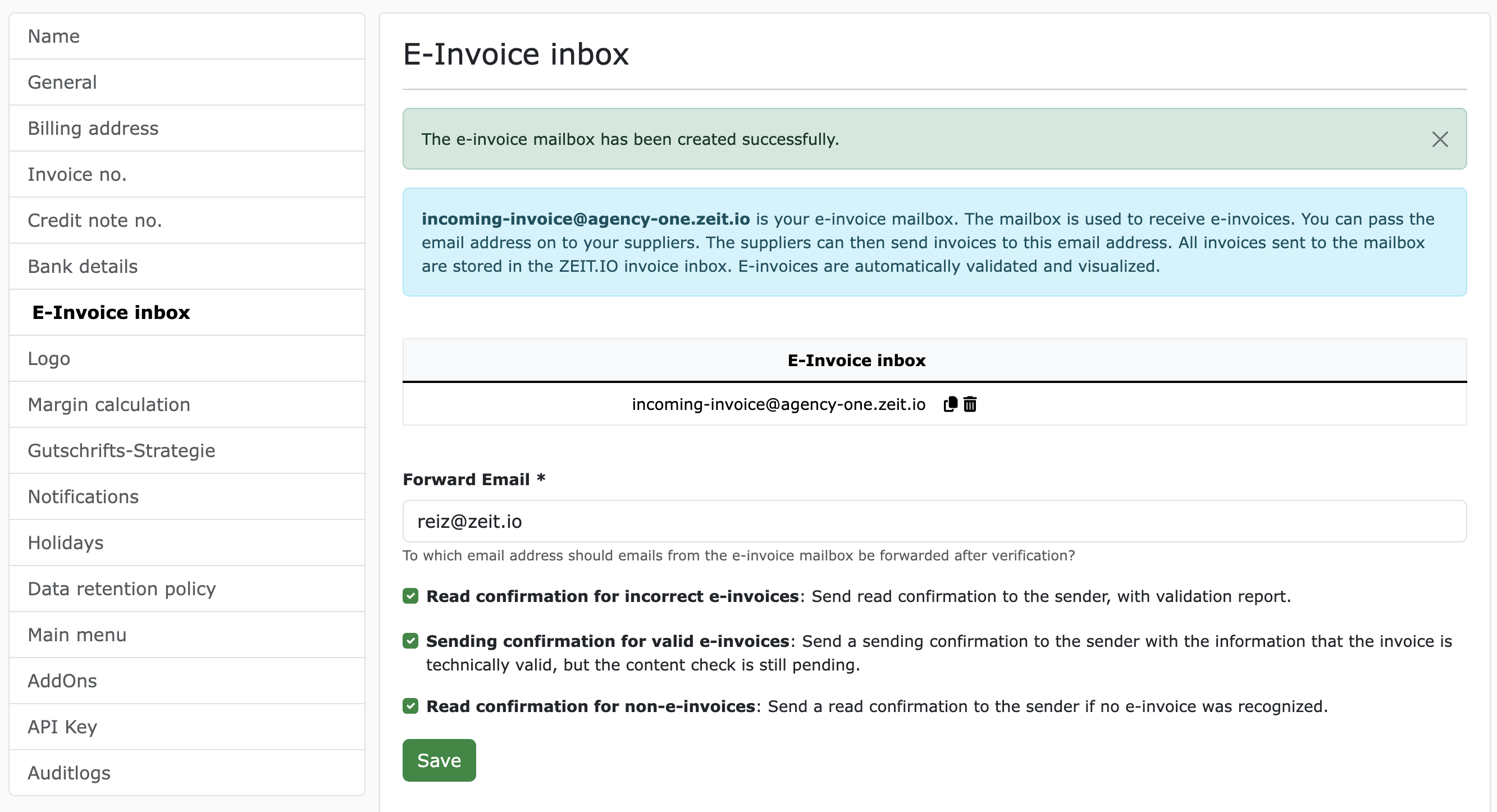 Configure your e-invoice mailbox at ZEIT.IO