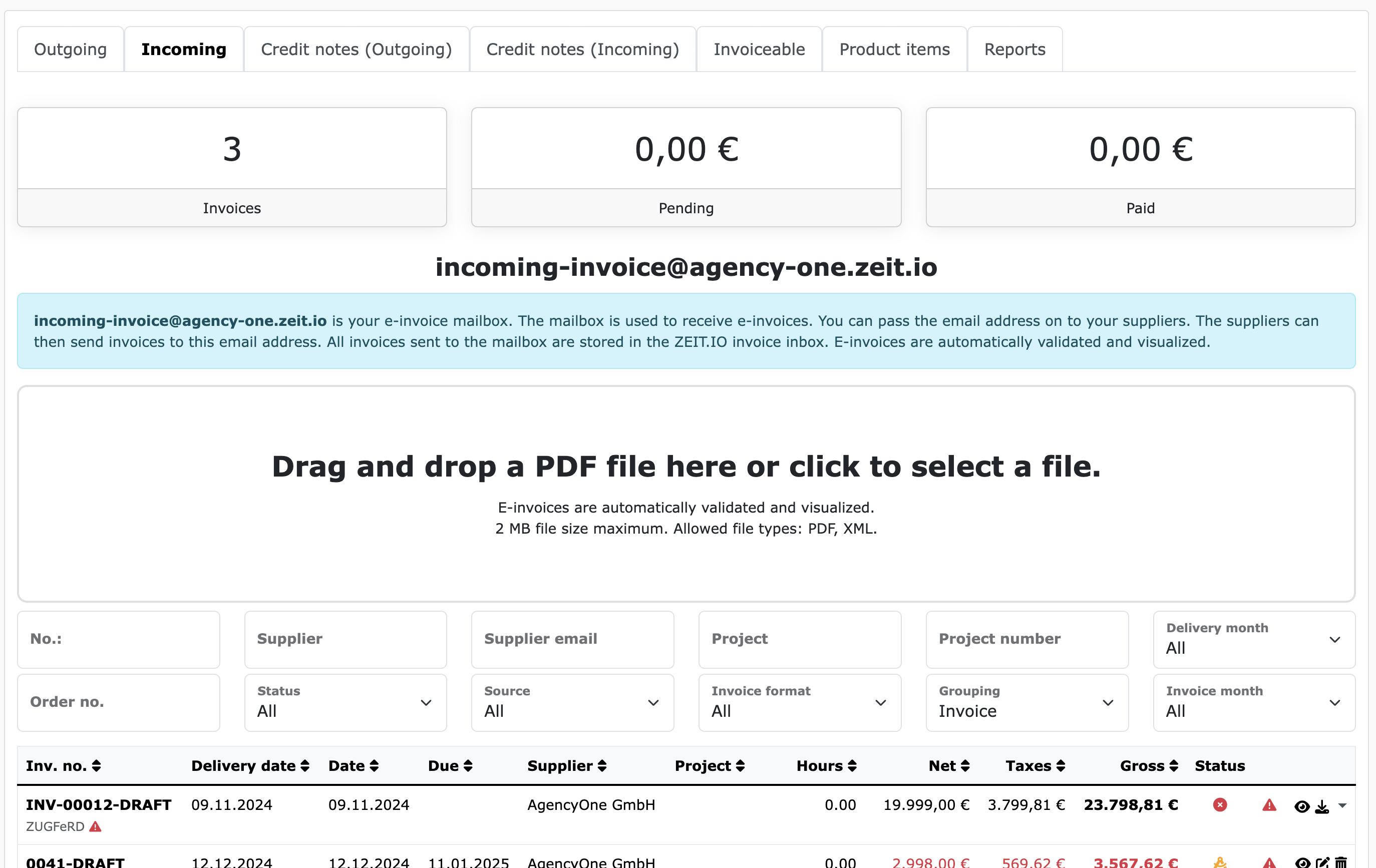 Invoice receipt with e-invoice mailbox service