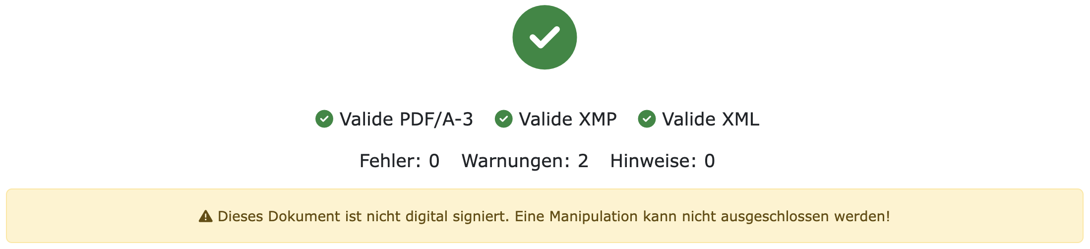 Valide E-Rechnung ohne digitale Signatur.