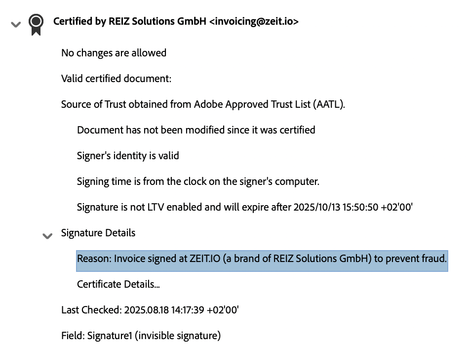 Information about the signature and certificate in Adobe Acrobat Reader.