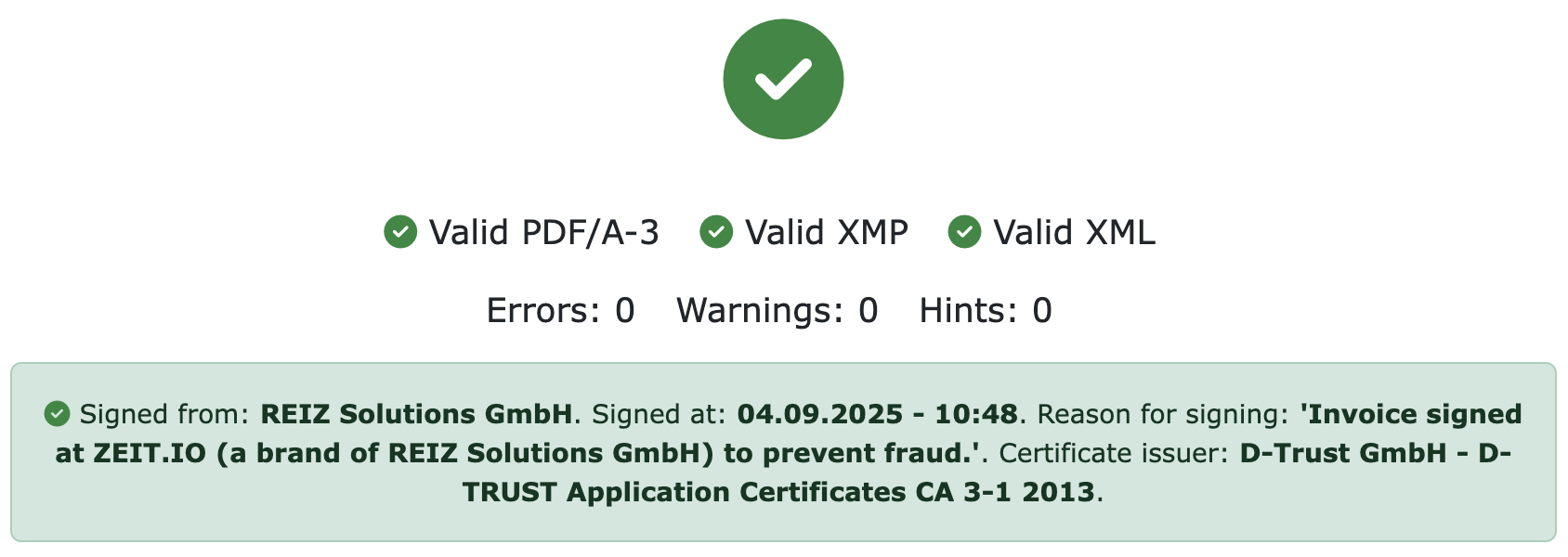 Digitale Signatur einer E-Rechnung konnte positiv validiert werden.