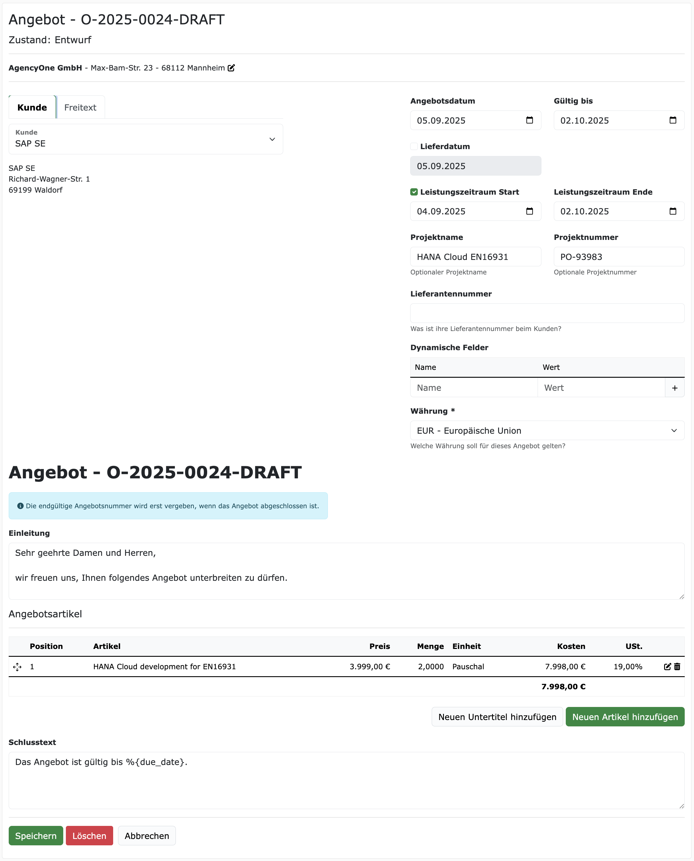 Neues Angebot erstellen.