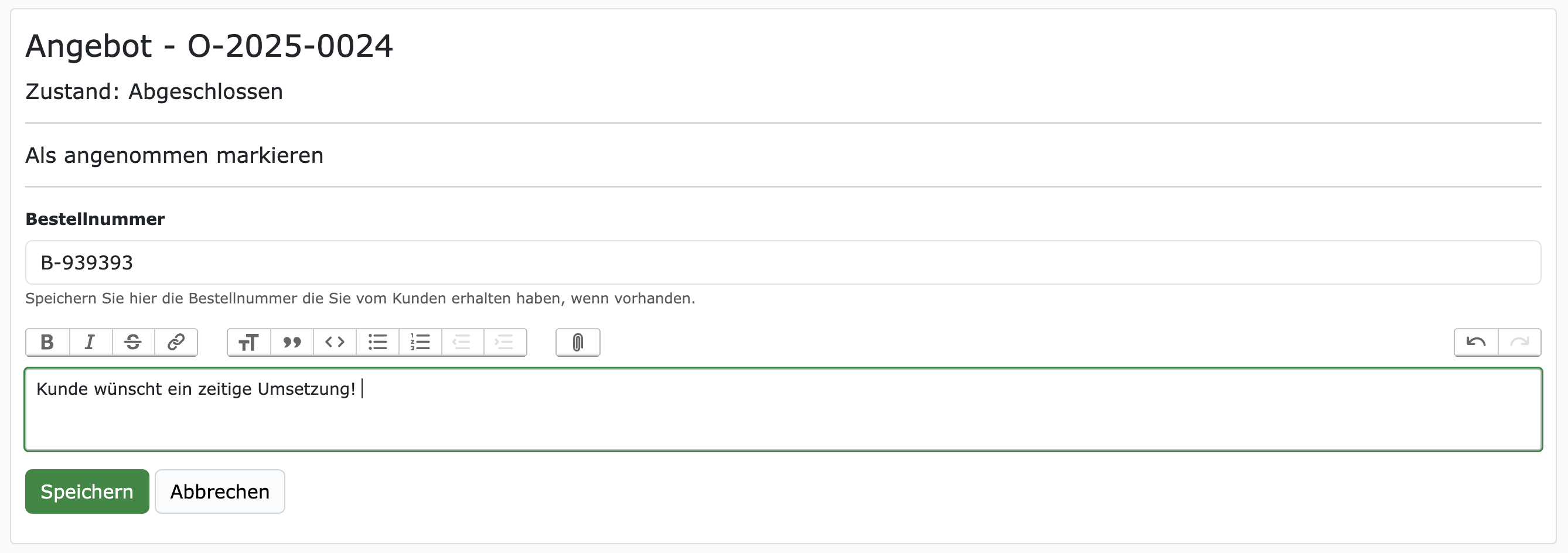 Angebot als angenommen markieren.