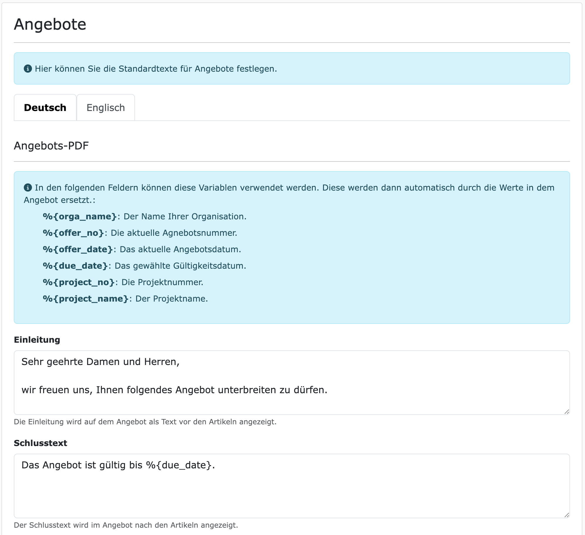 Standardtexte für Angebote definieren.
