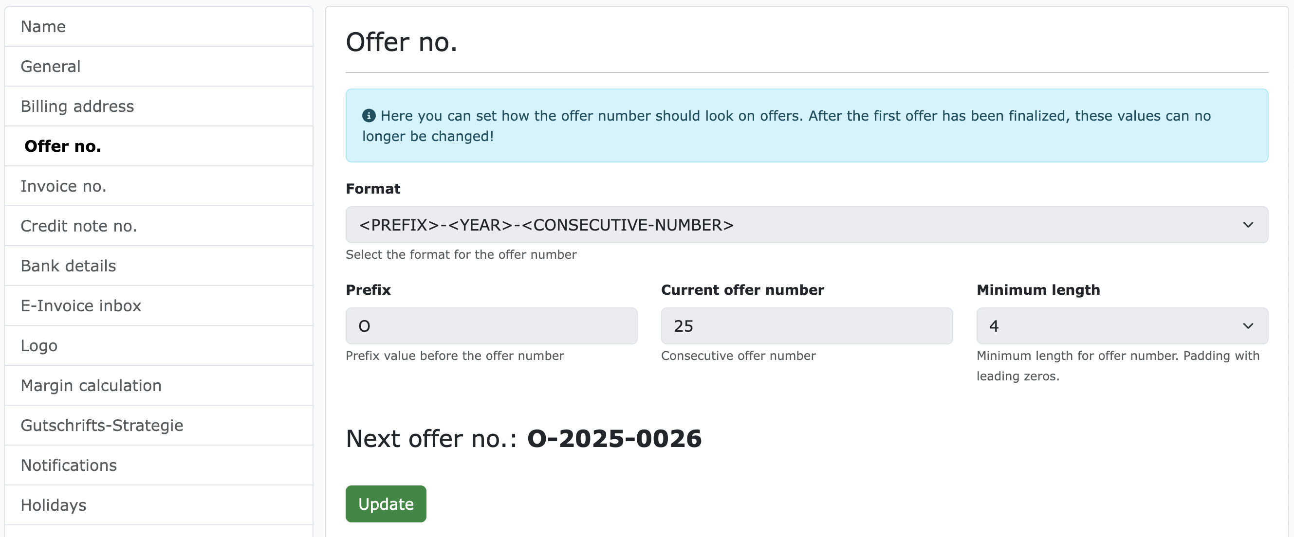 Configure your offer number format on ZEIT.IO